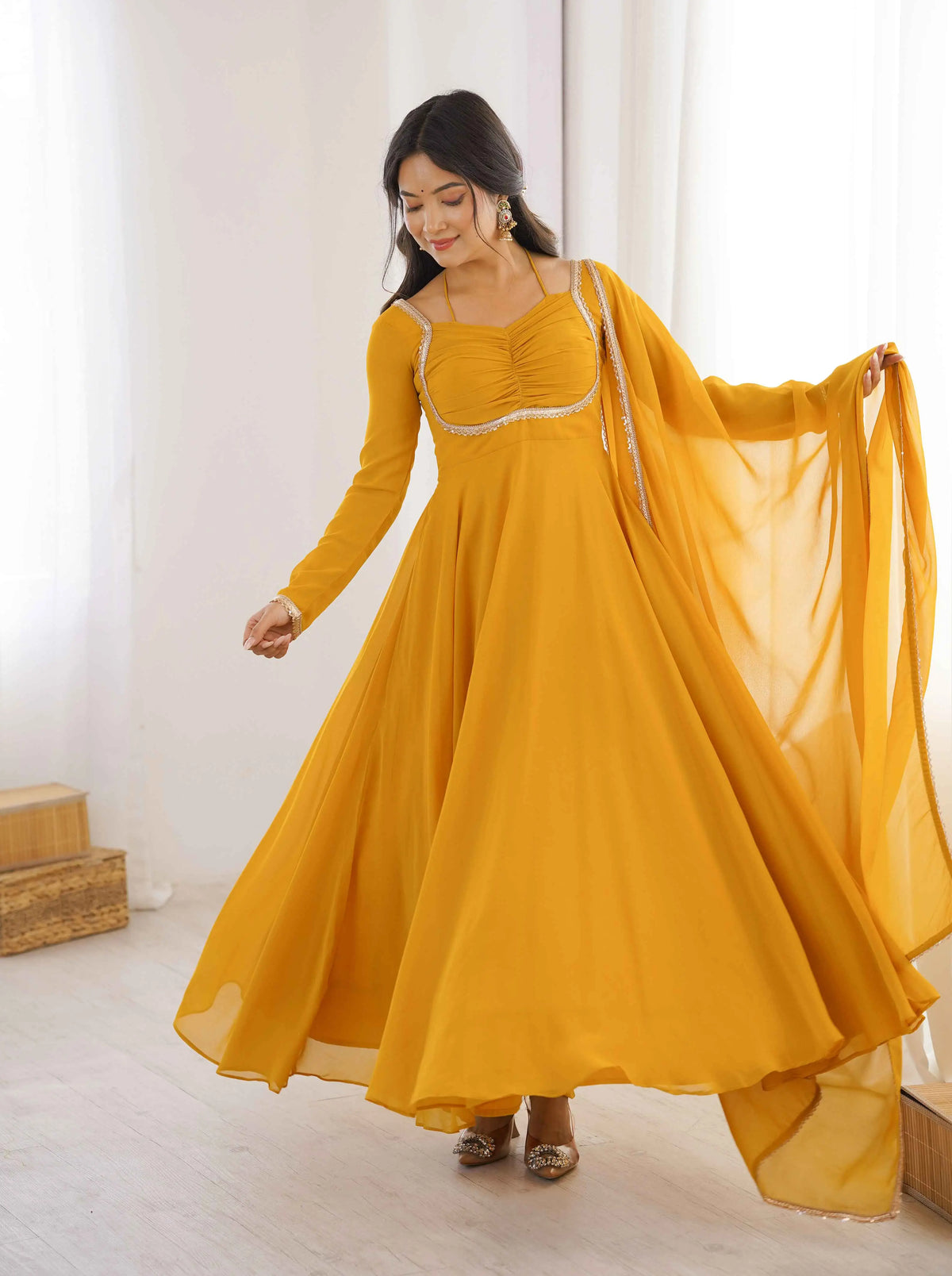 Yellow Designer Georgette Gown & Dupatta