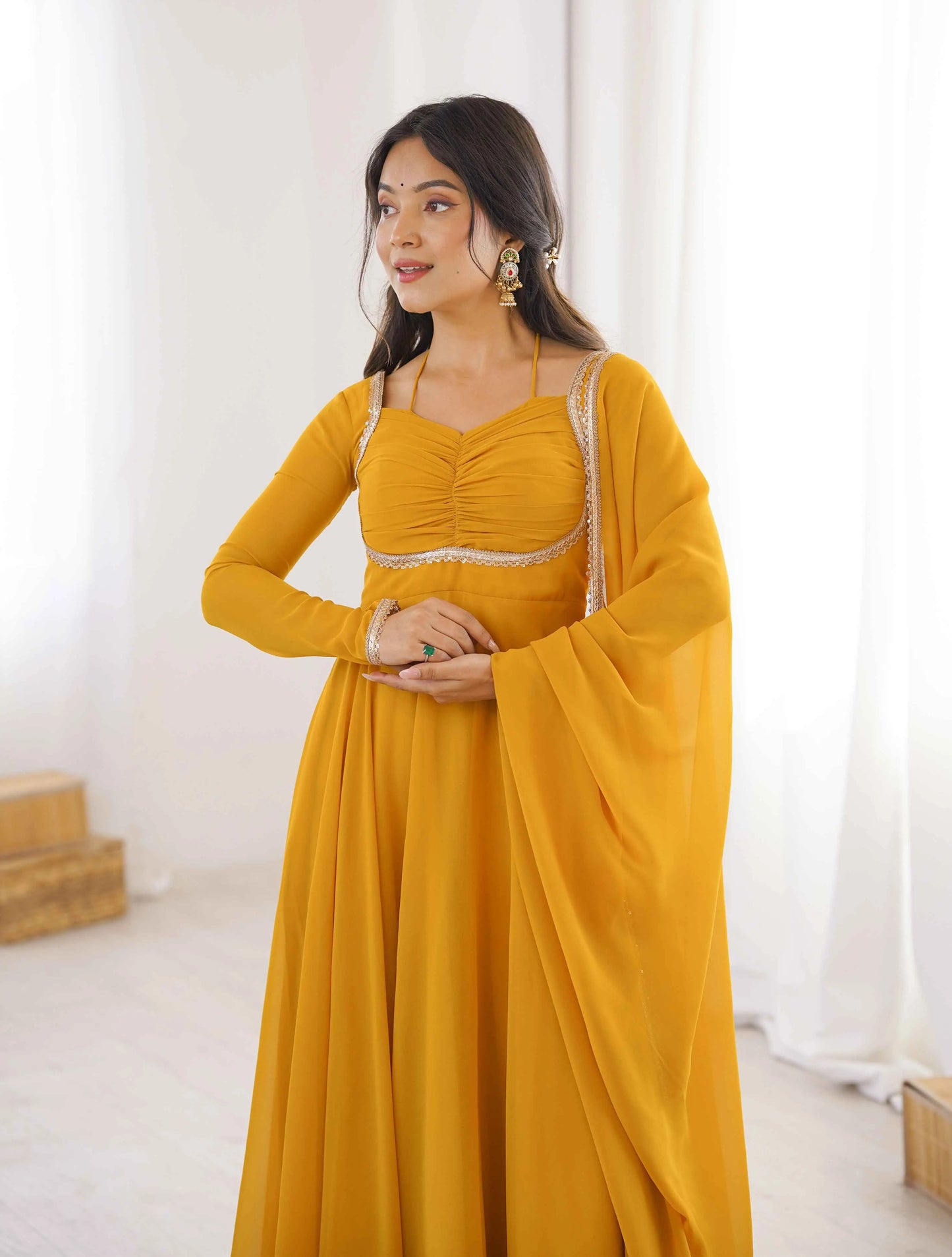 Yellow Designer Georgette Gown & Dupatta