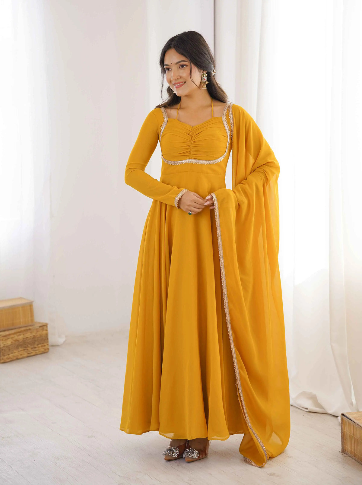 Yellow Designer Georgette Gown & Dupatta