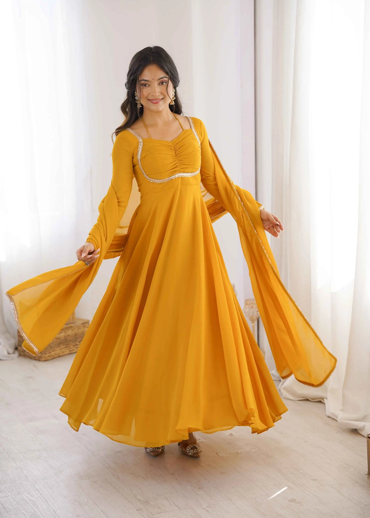 Yellow Designer Georgette Gown & Dupatta