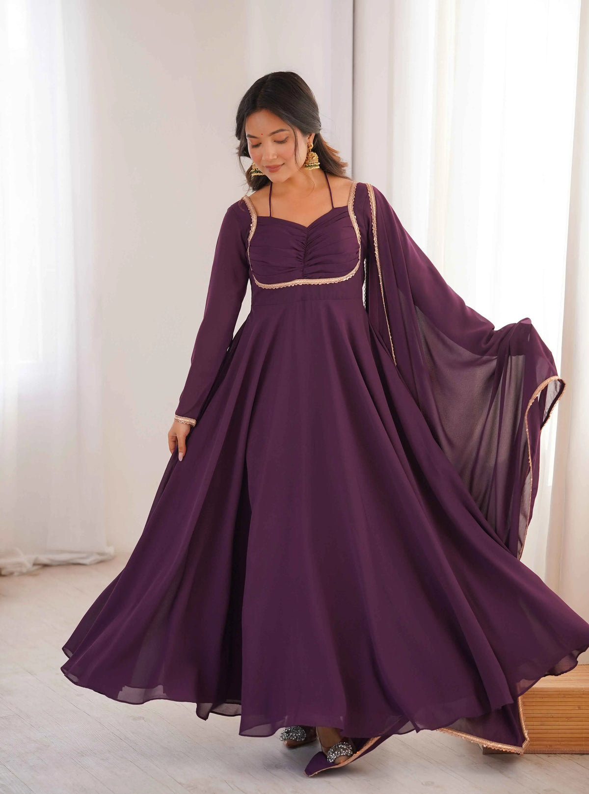 Designer Wine Georgette Gown & Dupatta