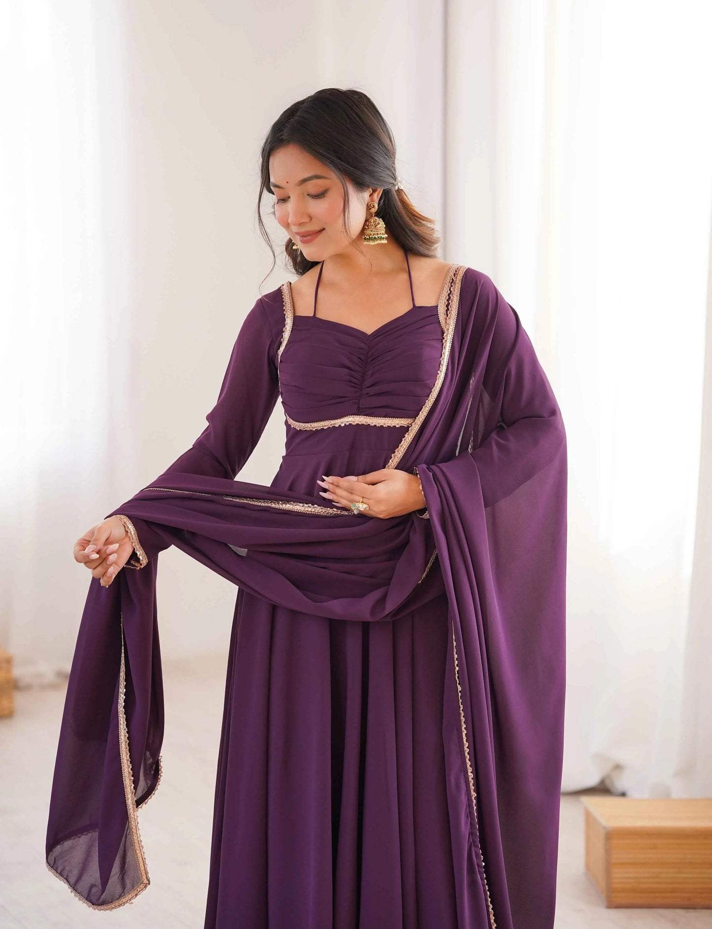 Designer Wine Georgette Gown & Dupatta