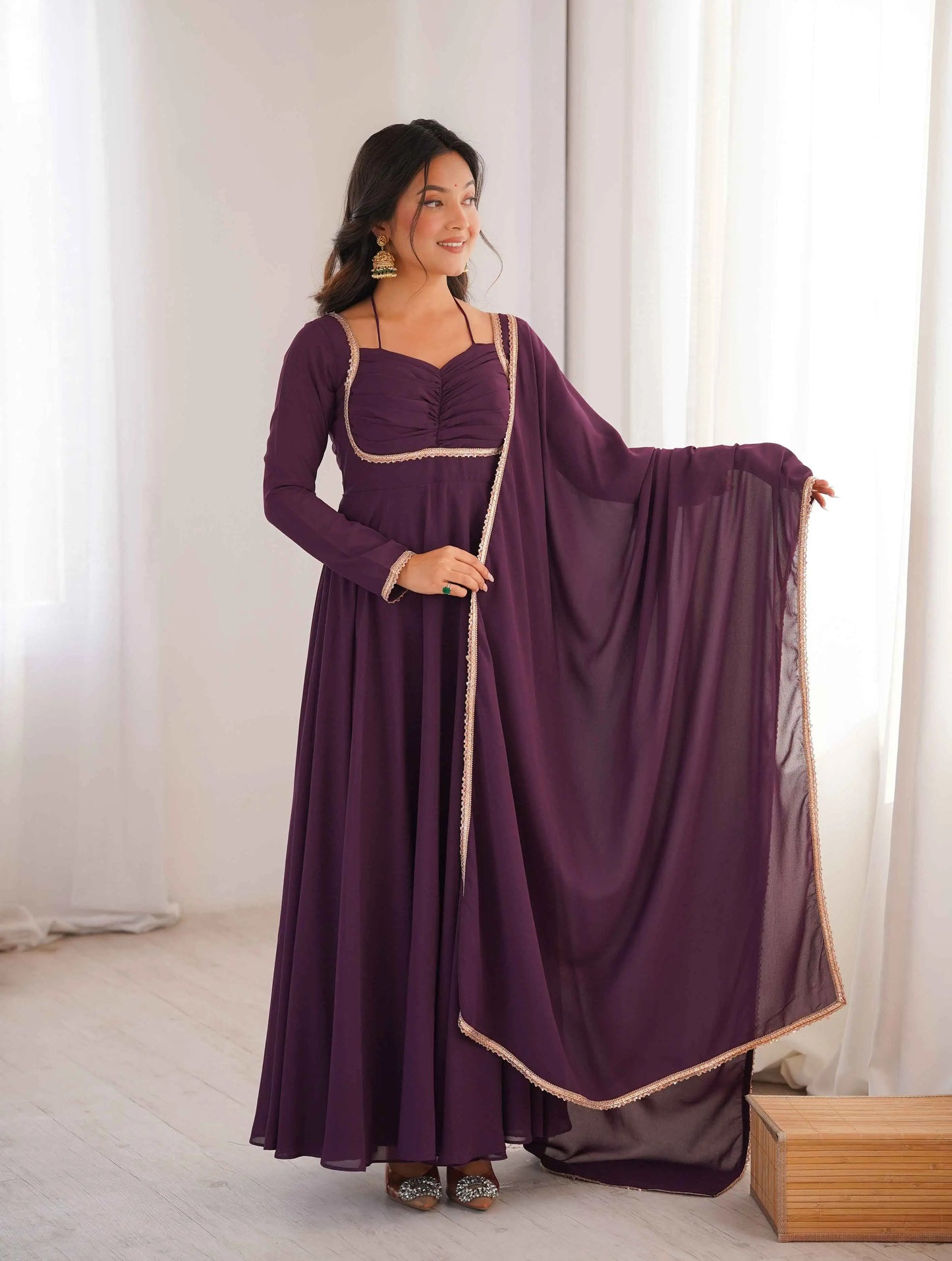 Designer Wine Georgette Gown & Dupatta