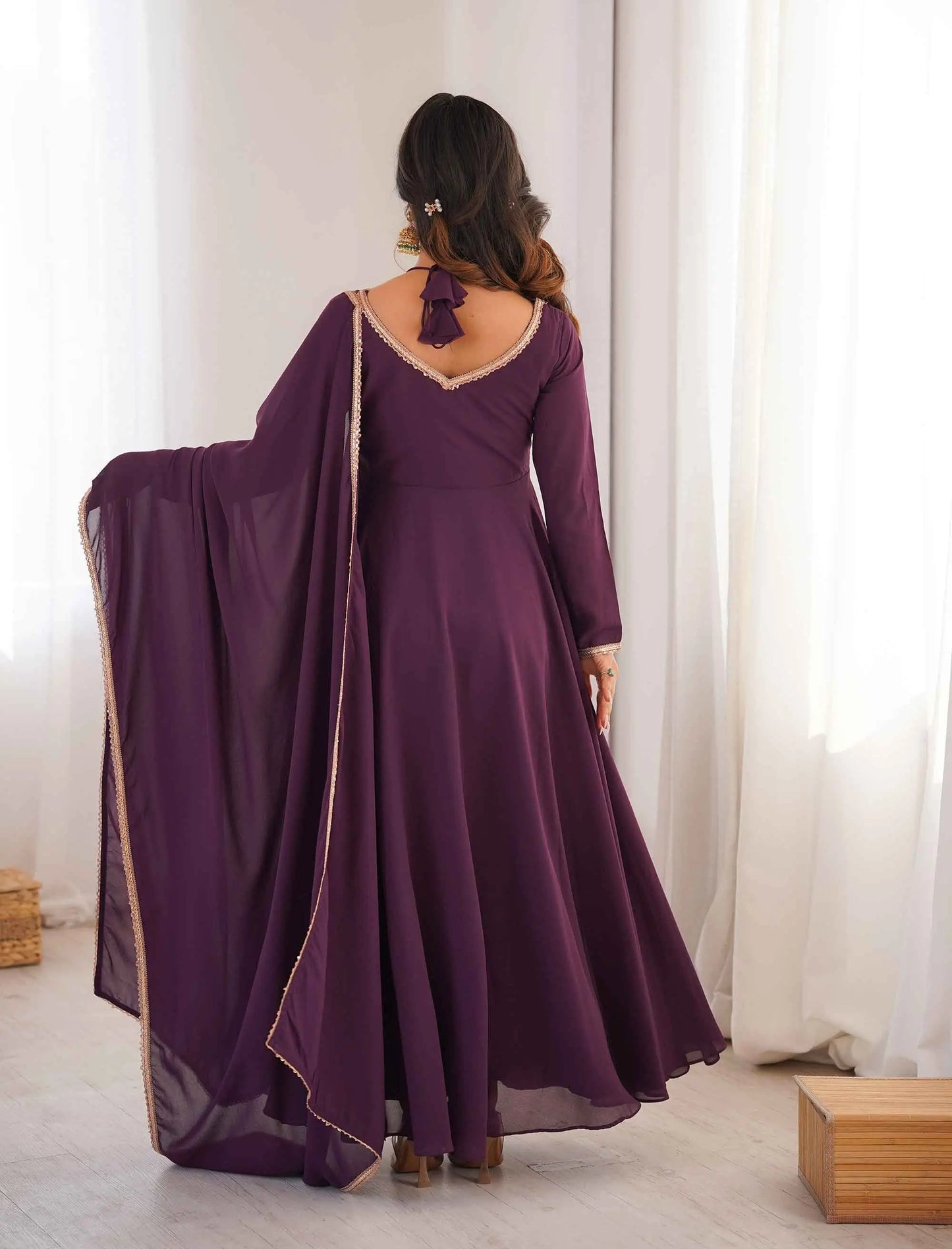 Designer Wine Georgette Gown & Dupatta