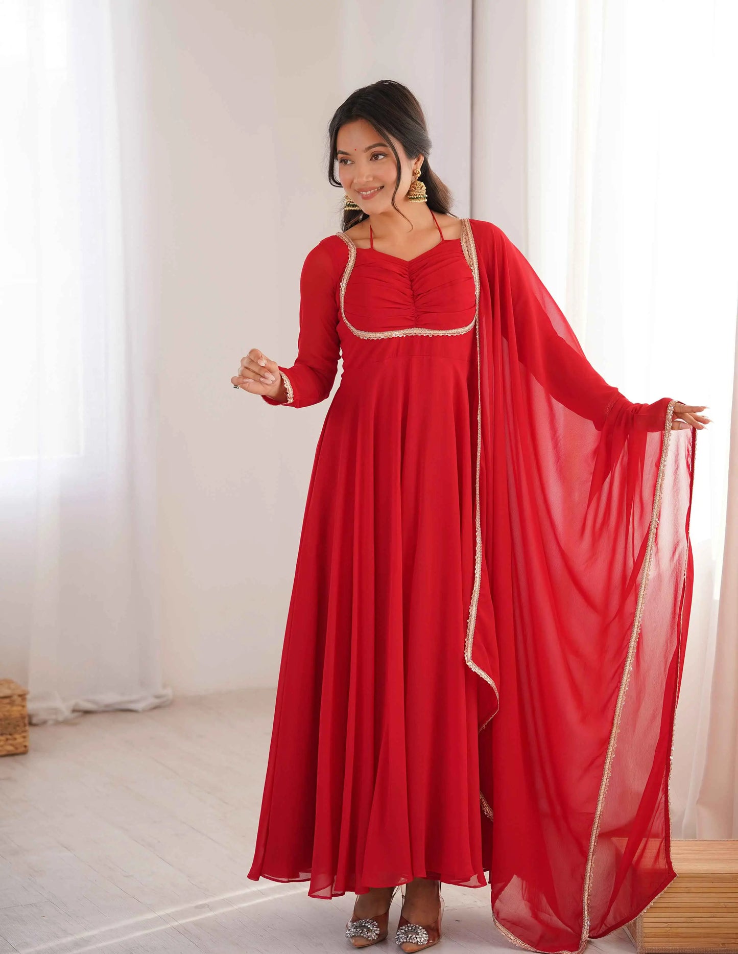 Designer Red Georgette Gown With Dupatta
