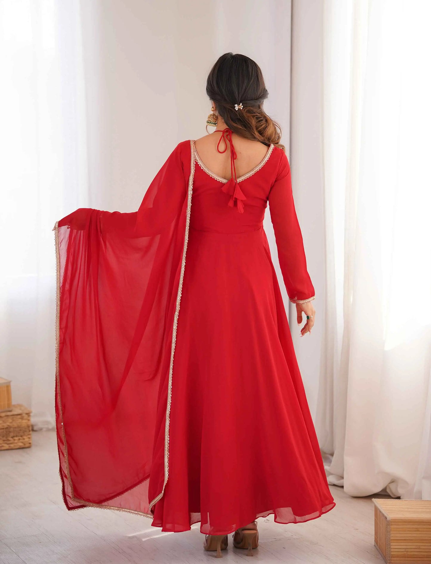 Designer Red Georgette Gown With Dupatta