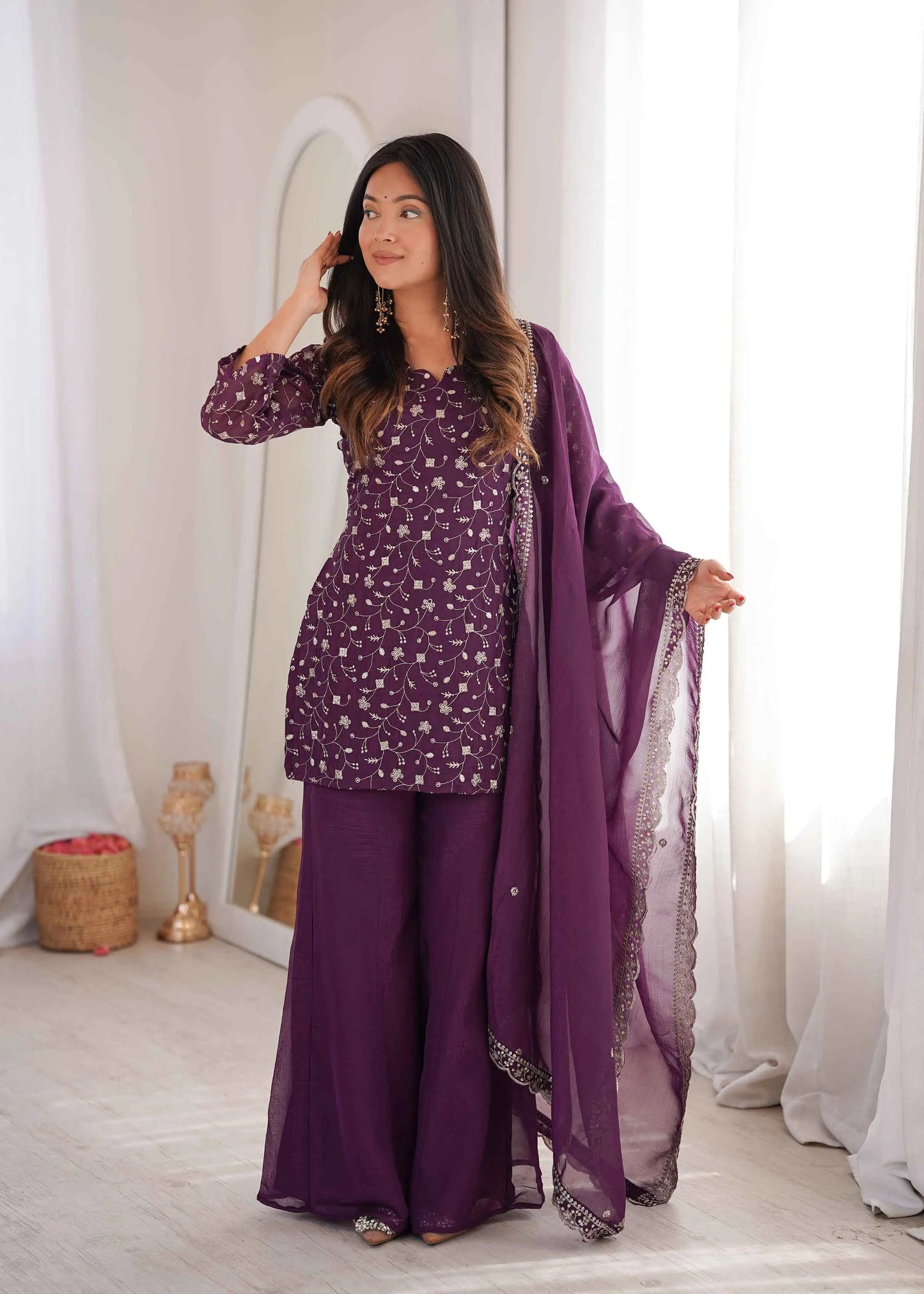 Wine Silk Embroidered Sharara Suit