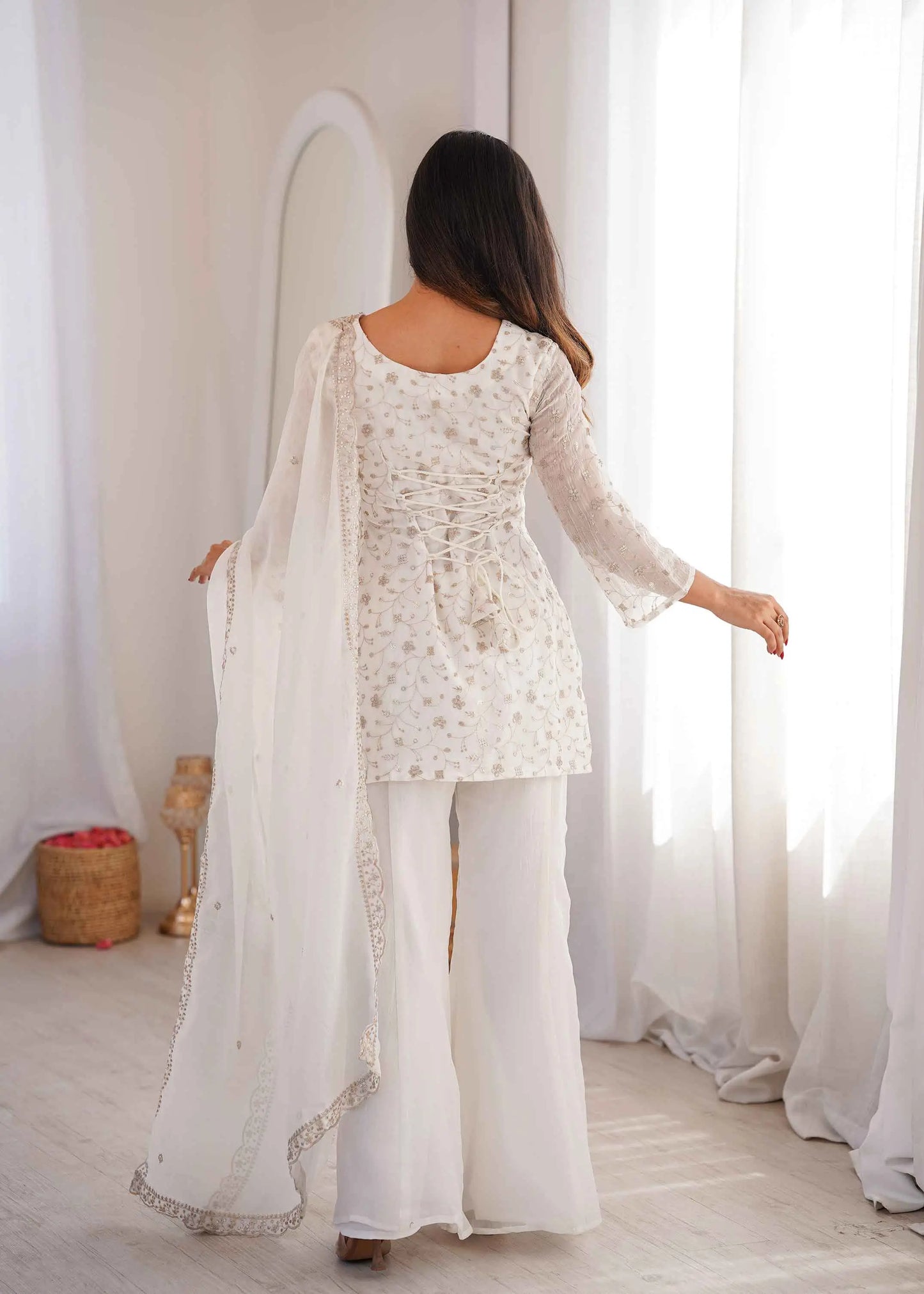 Off White Silk Embroidered Sharara Suit