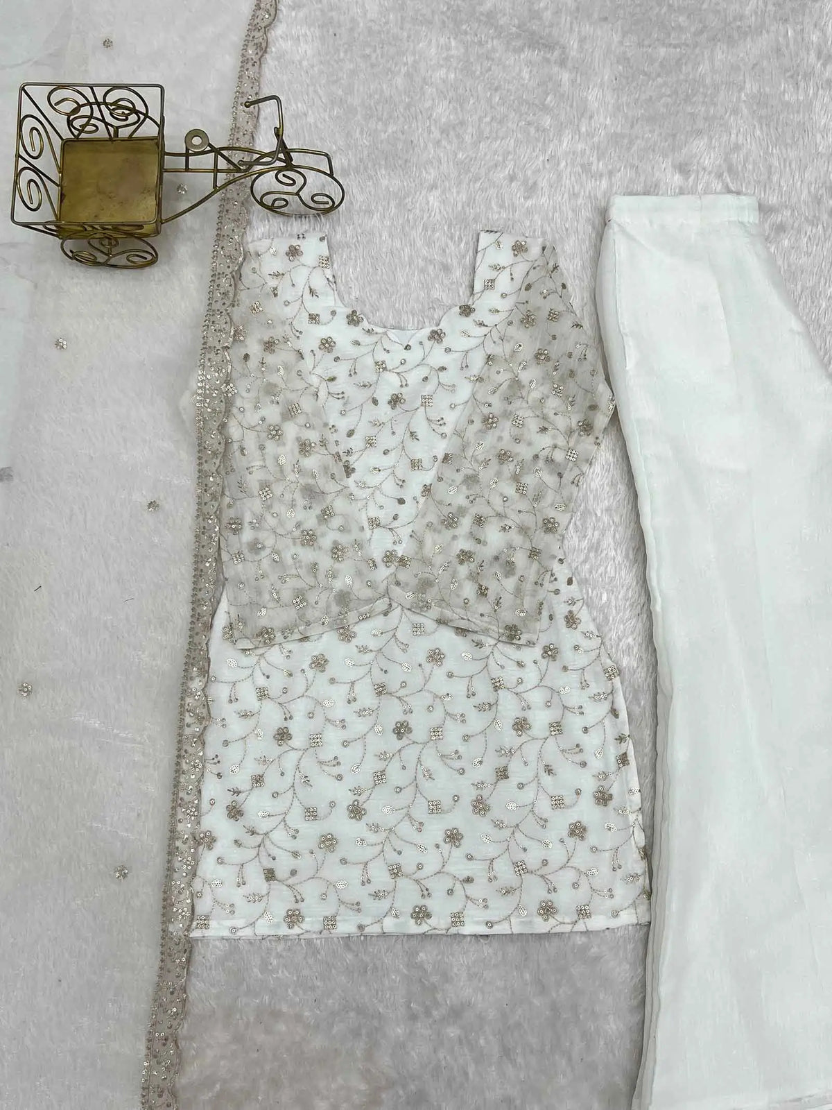Off White Silk Embroidered Sharara Suit