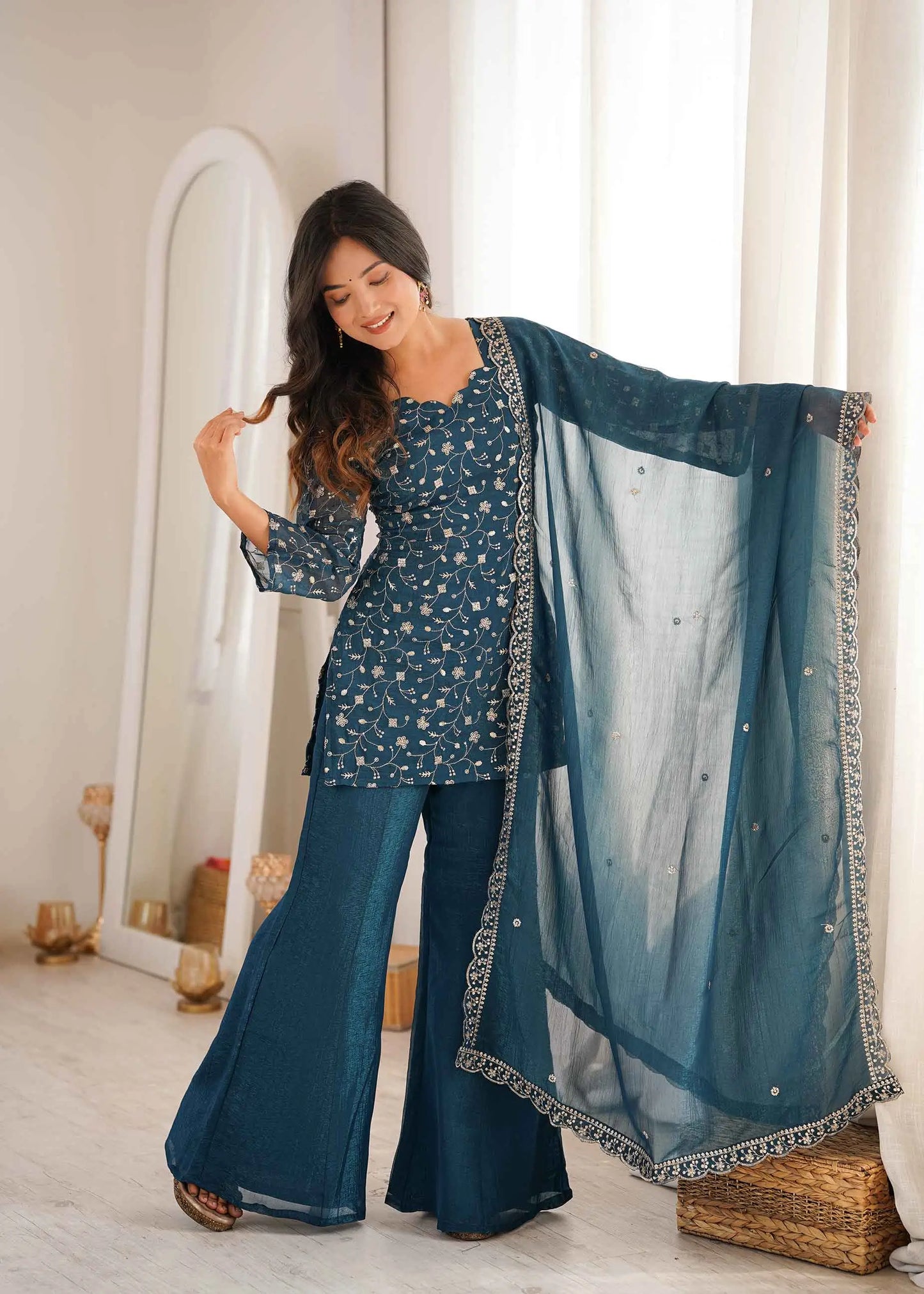 Teal Blue Silk Embroidered Sharara Suit