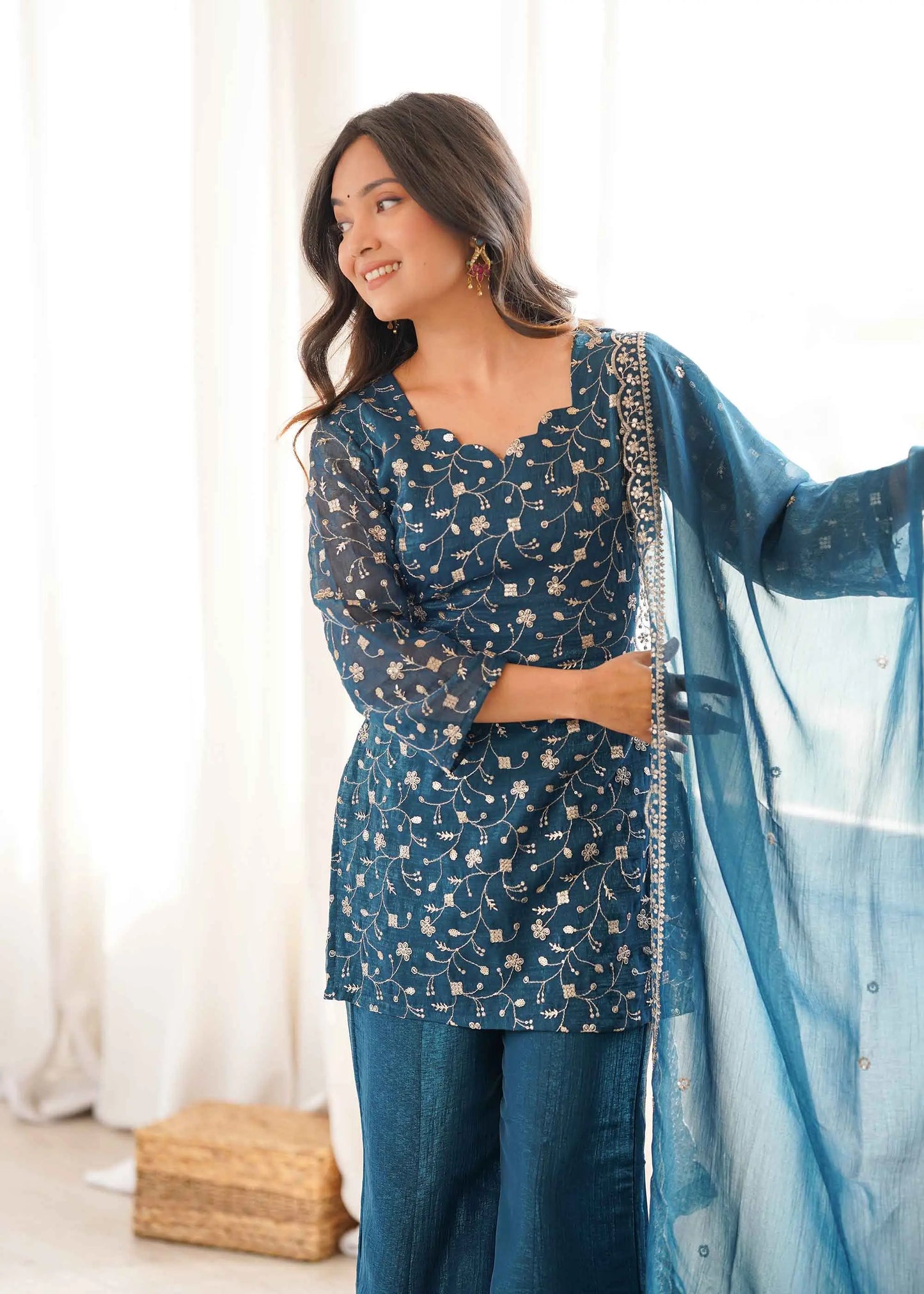 Teal Blue Silk Embroidered Sharara Suit