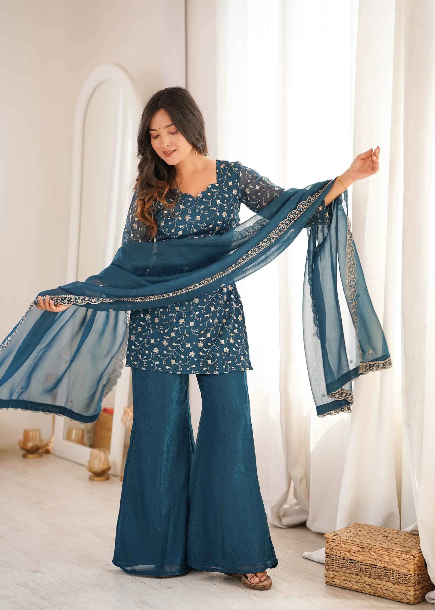 Teal Blue Silk Embroidered Sharara Suit