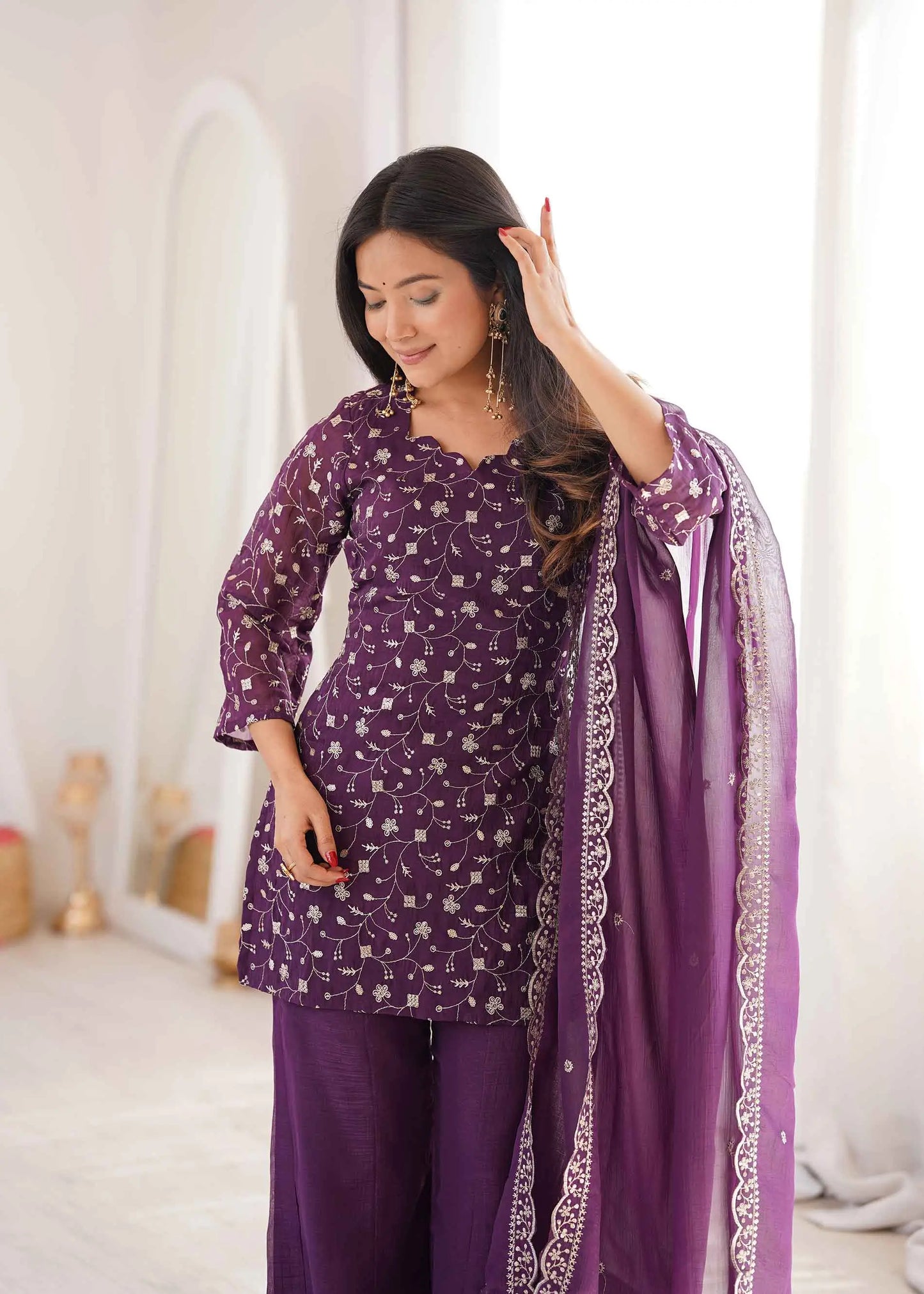 Wine Silk Embroidered Sharara Suit