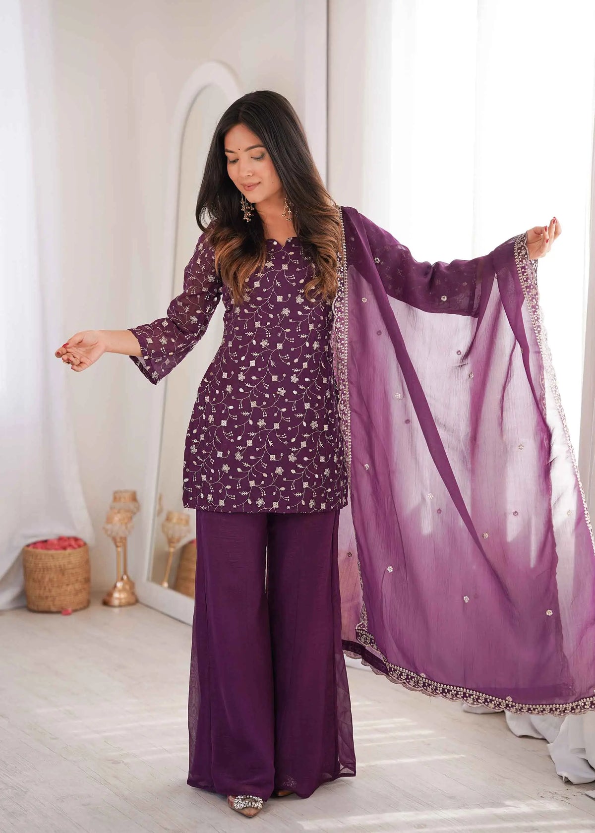 Wine Silk Embroidered Sharara Suit