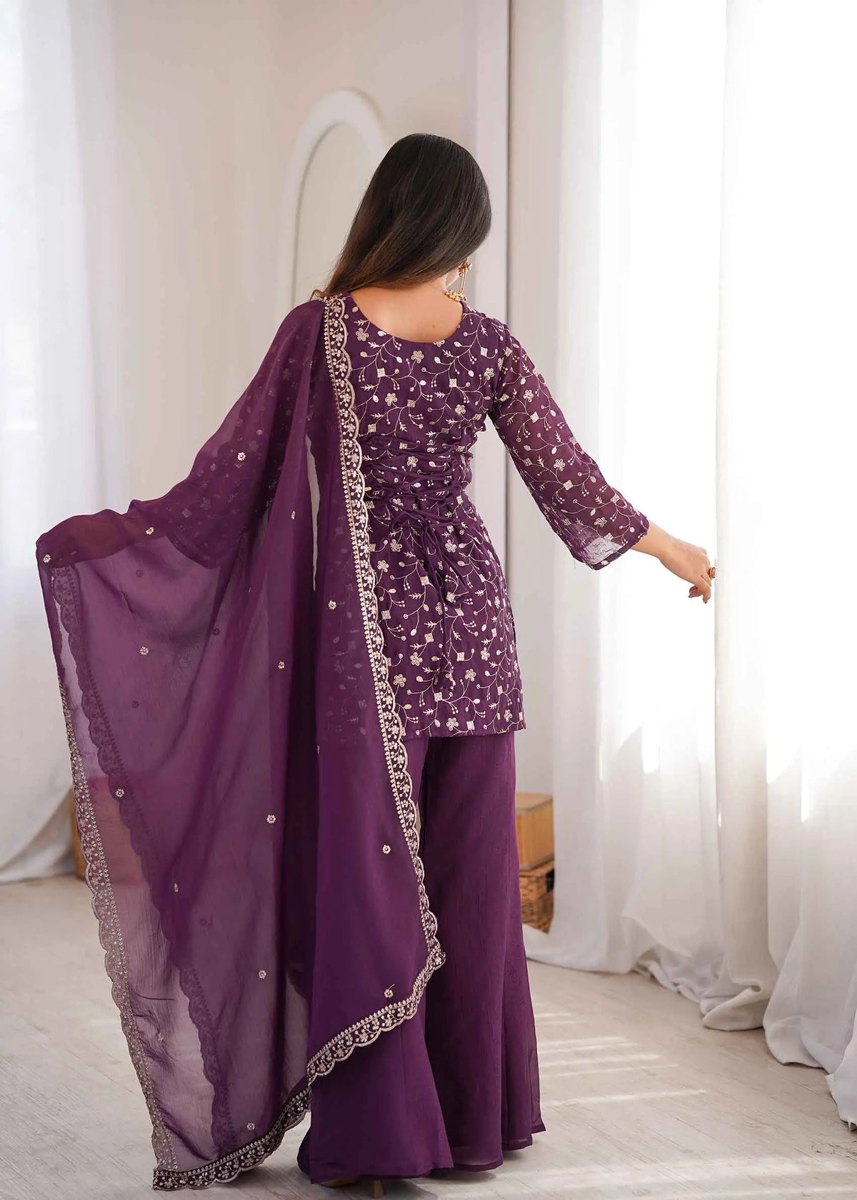 Wine Silk Embroidered Sharara Suit