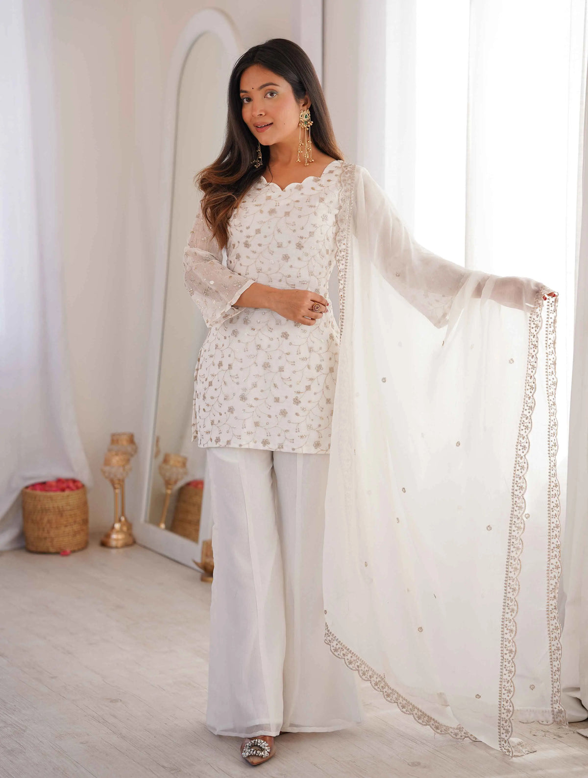 Off White Silk Embroidered Sharara Suit