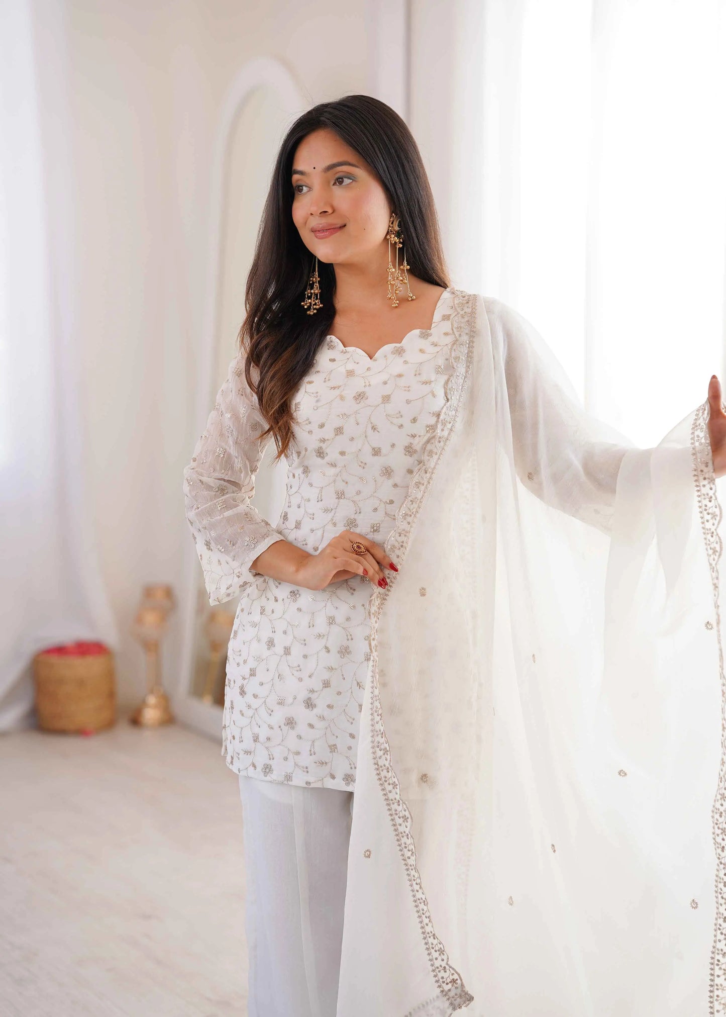 Off White Silk Embroidered Sharara Suit