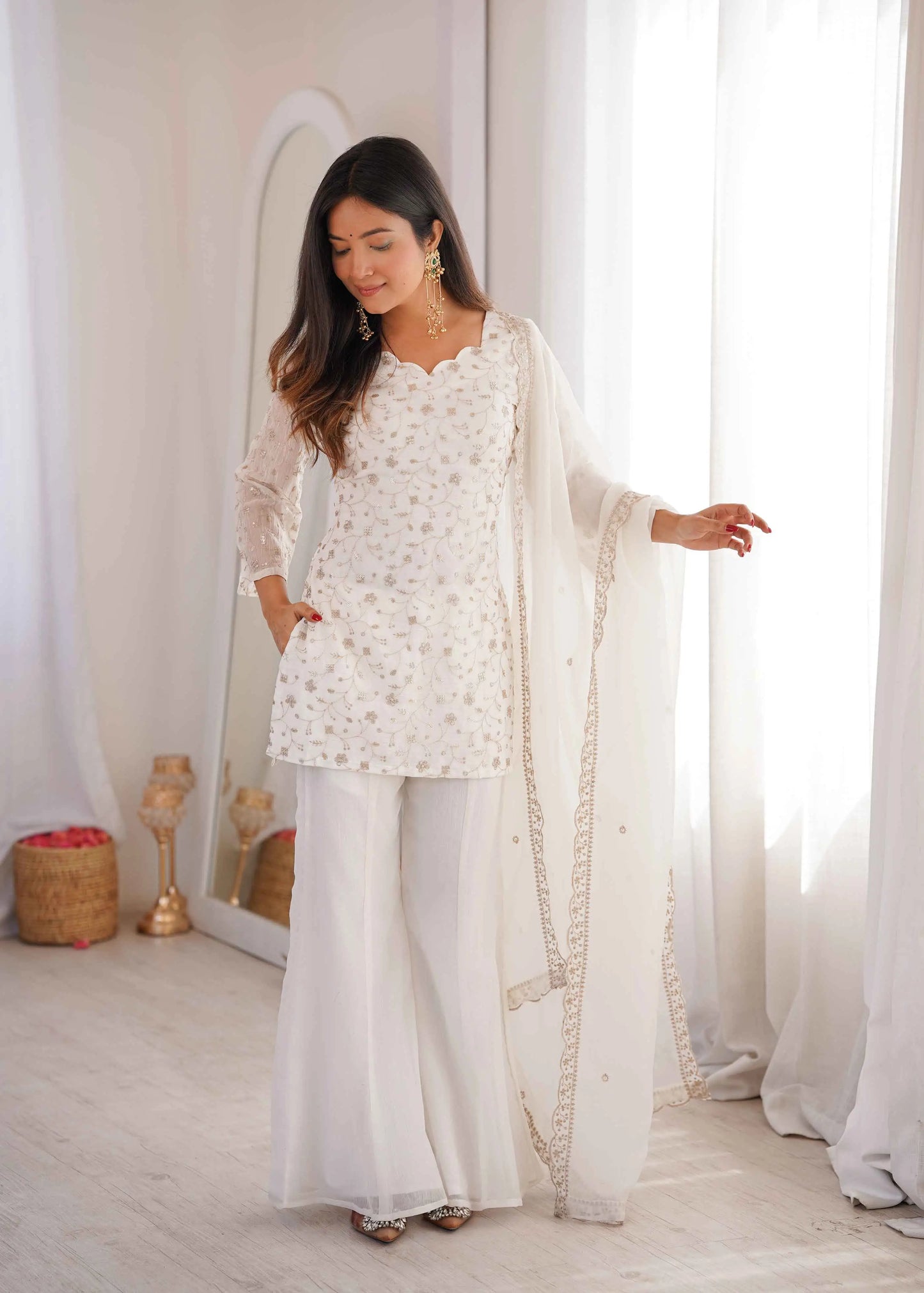 Off White Silk Embroidered Sharara Suit