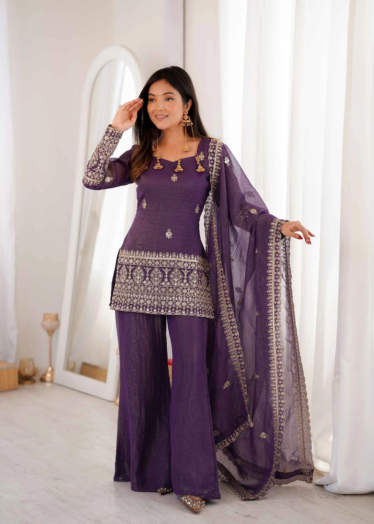 Plum Purple Silk Embroidered Sharara Suit