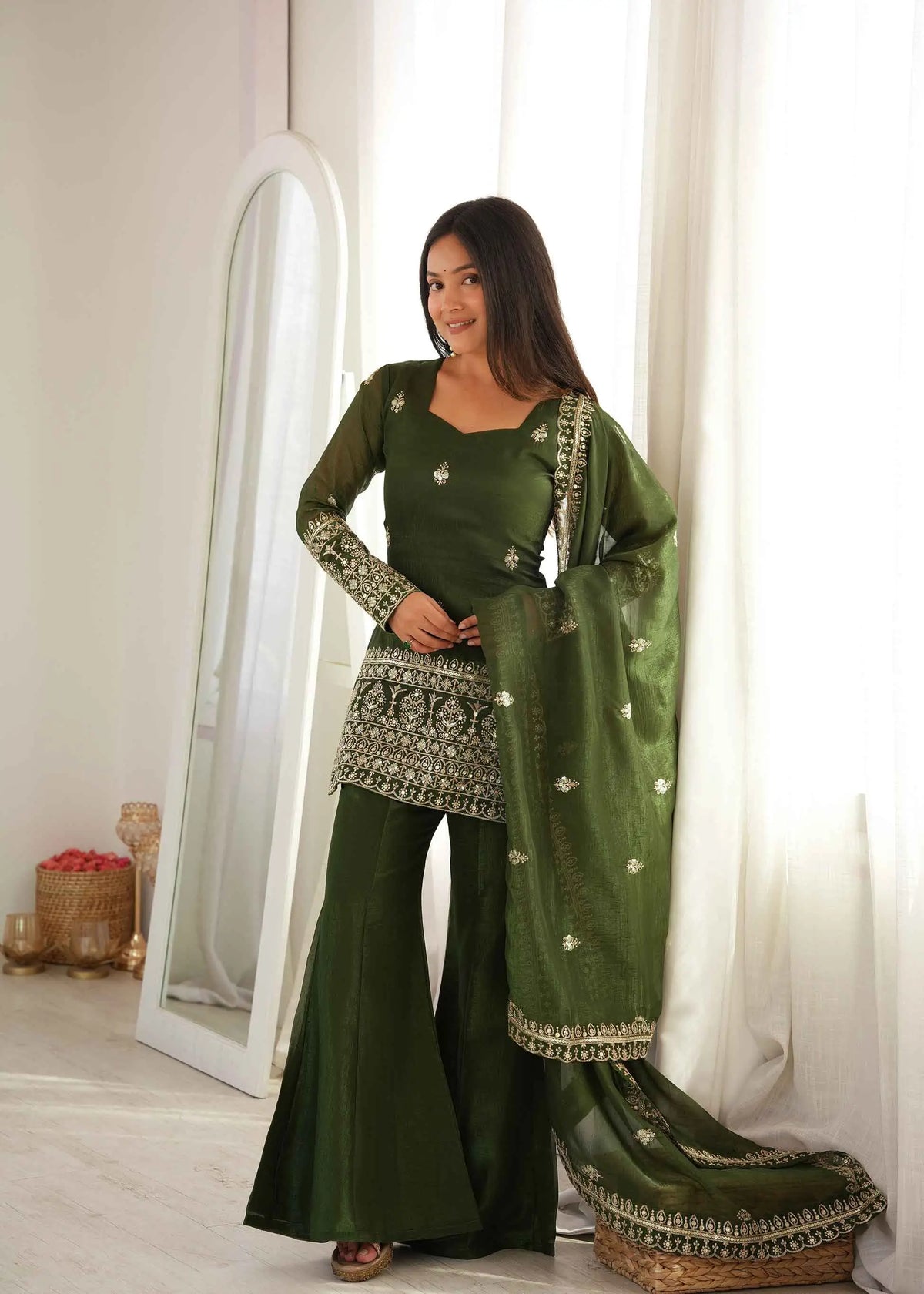 Mehndi Silk Embroidered Sharara Suit