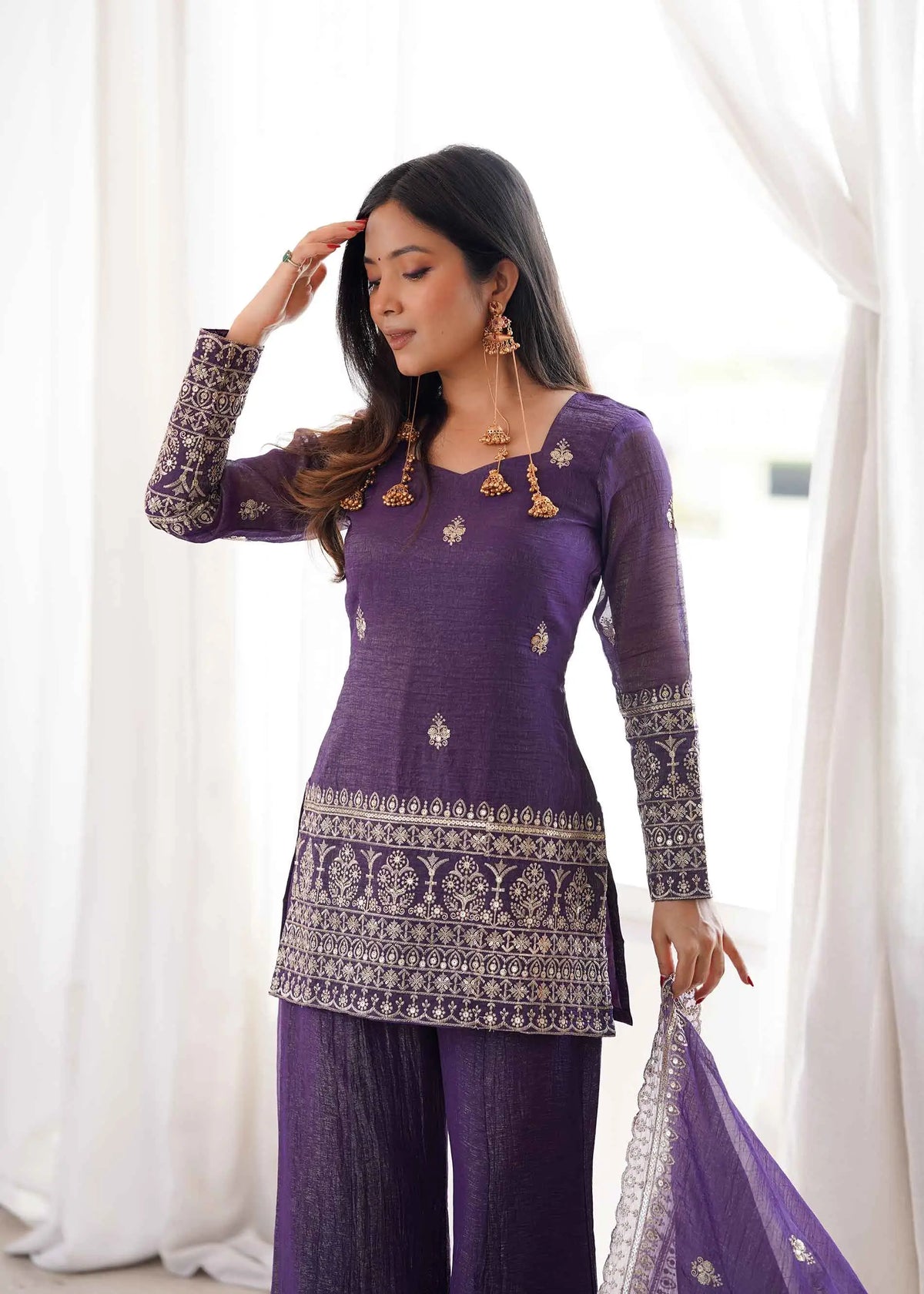 Plum Purple Silk Embroidered Sharara Suit