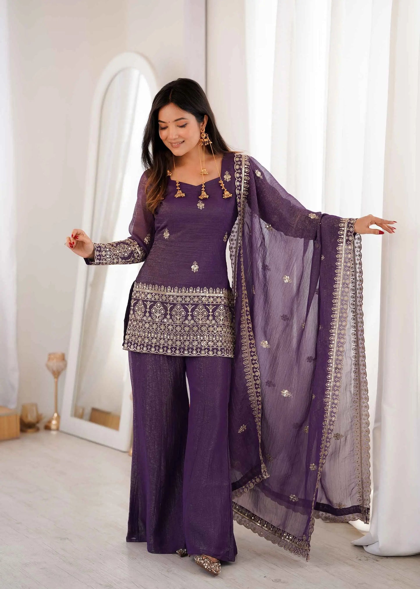Plum Purple Silk Embroidered Sharara Suit