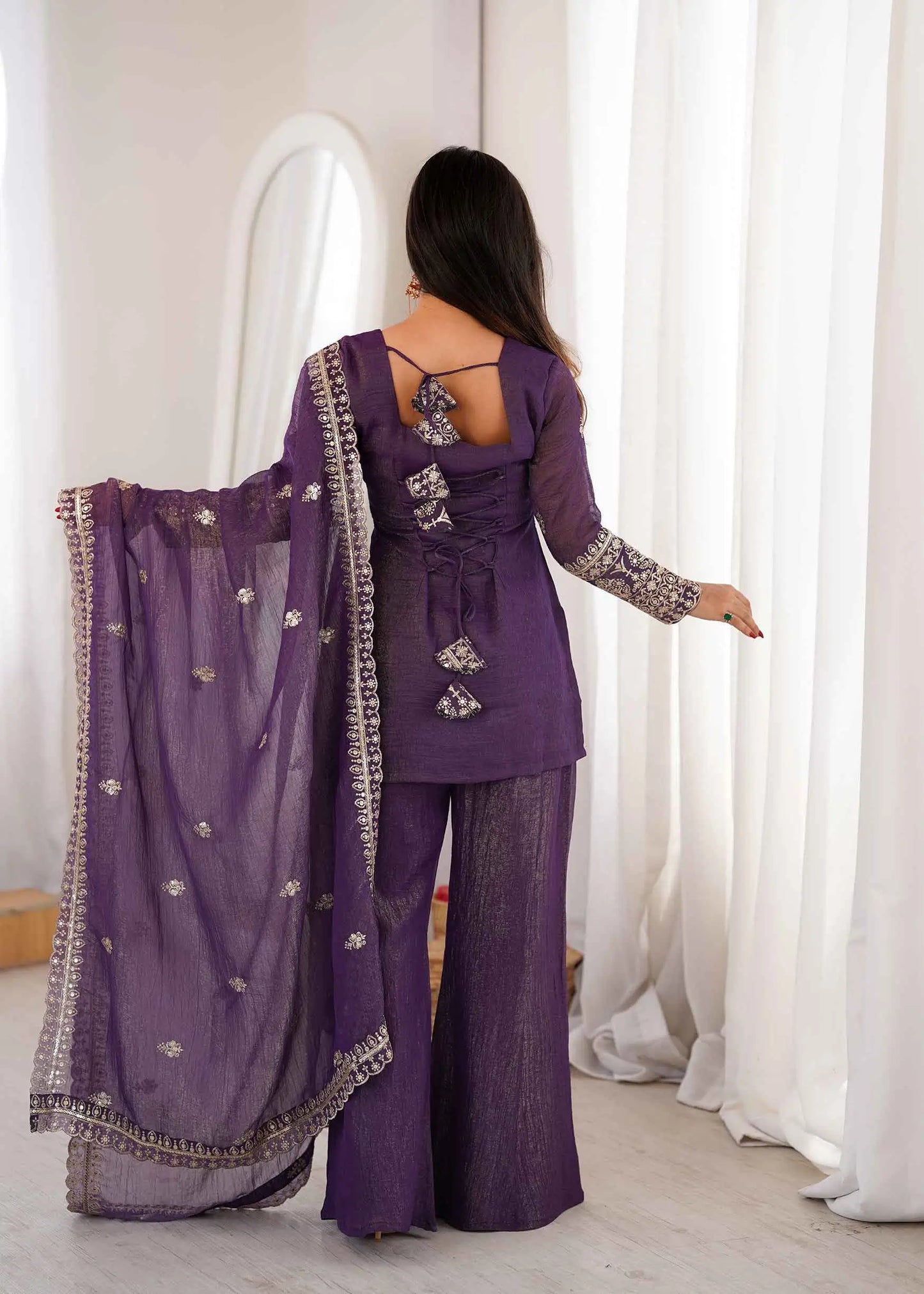 Plum Purple Silk Embroidered Sharara Suit