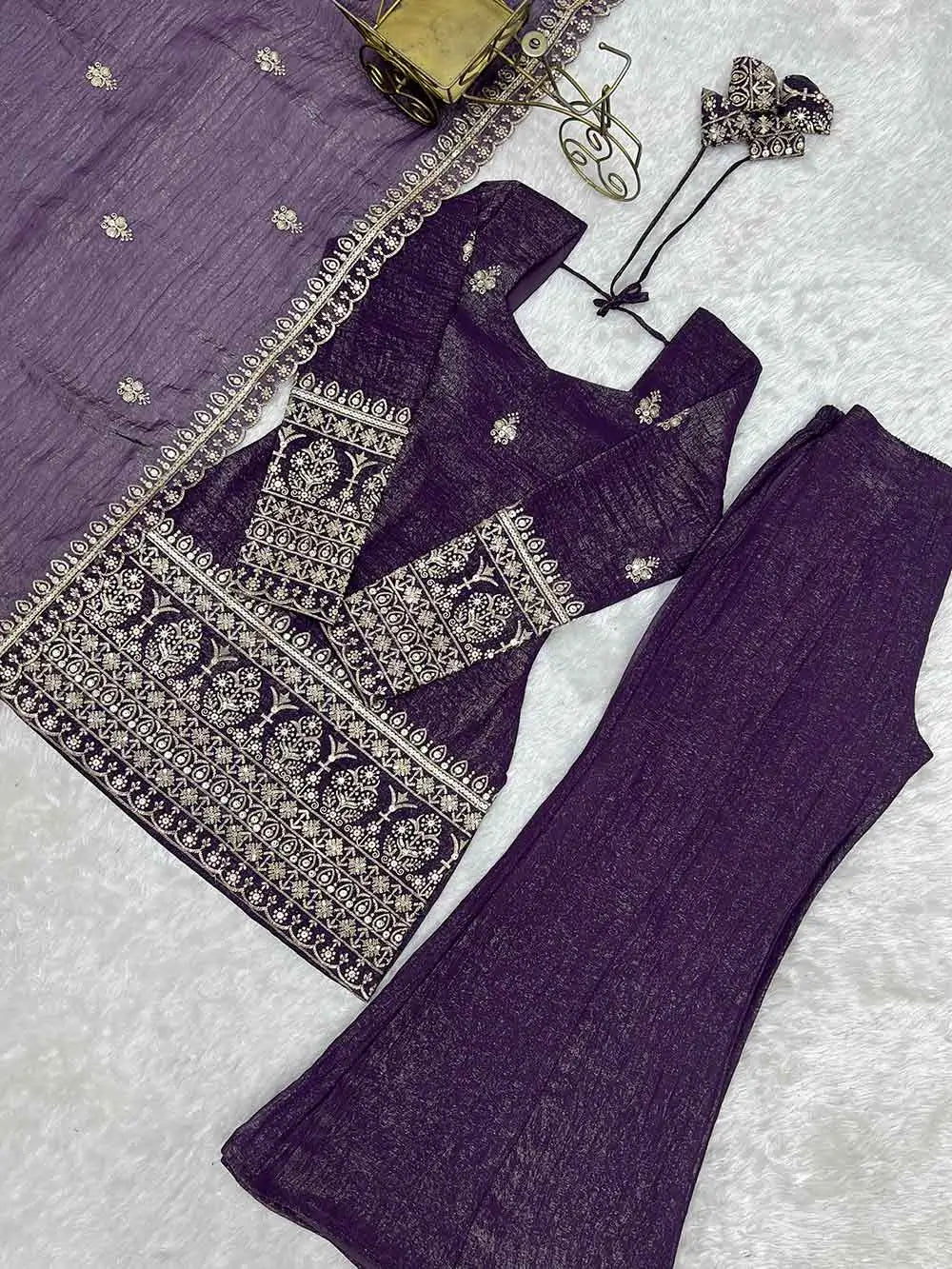 Plum Purple Silk Embroidered Sharara Suit