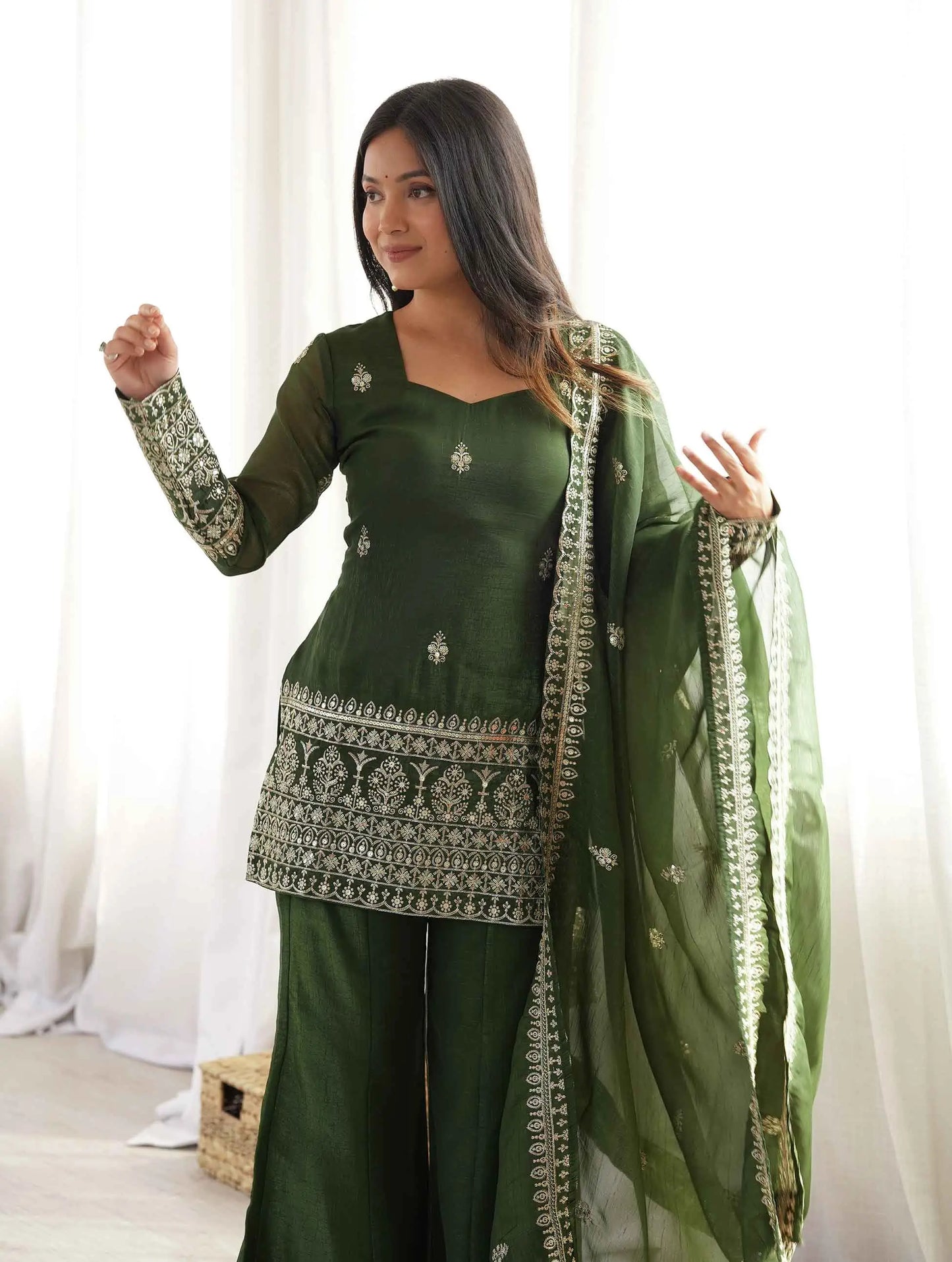 Mehndi Silk Embroidered Sharara Suit