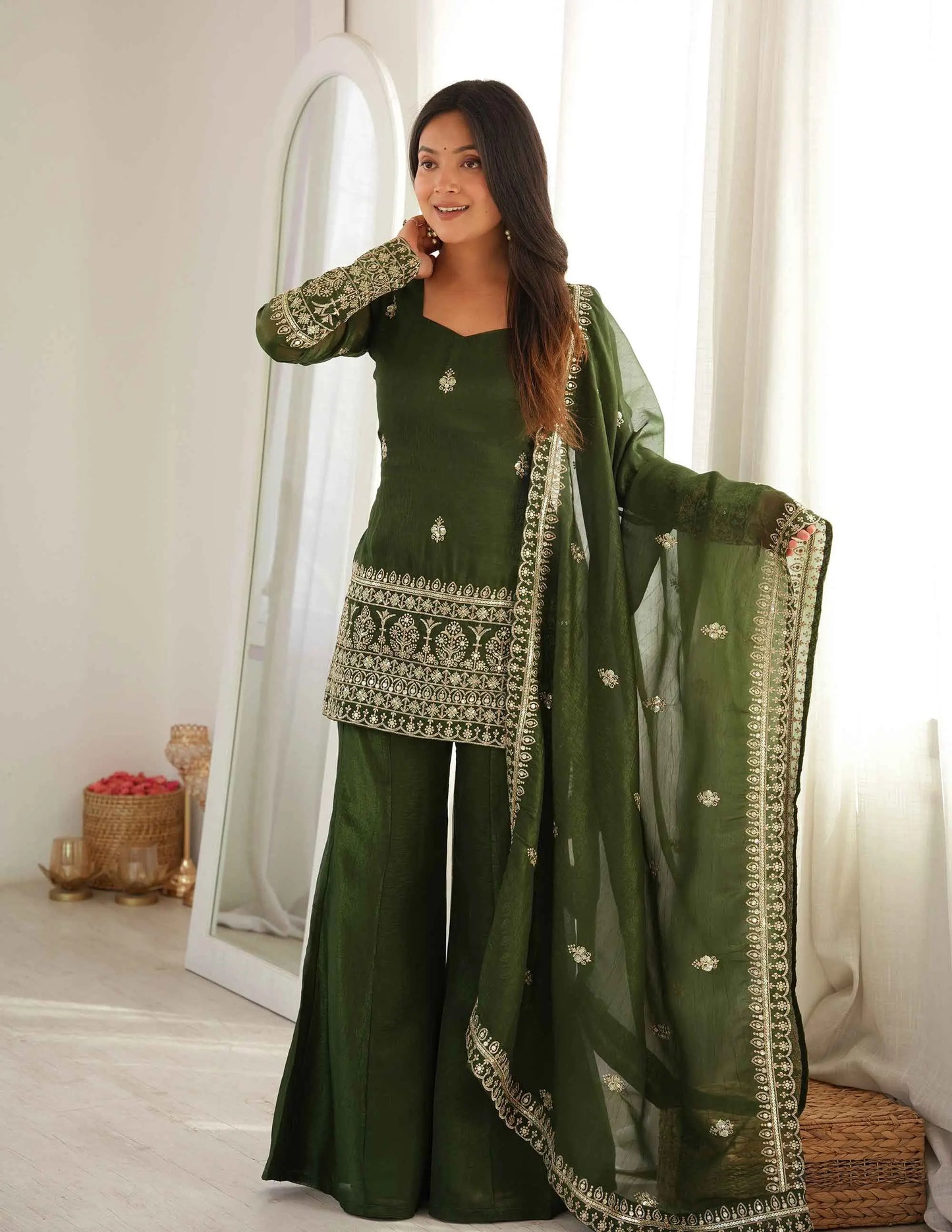 Mehndi Silk Embroidered Sharara Suit