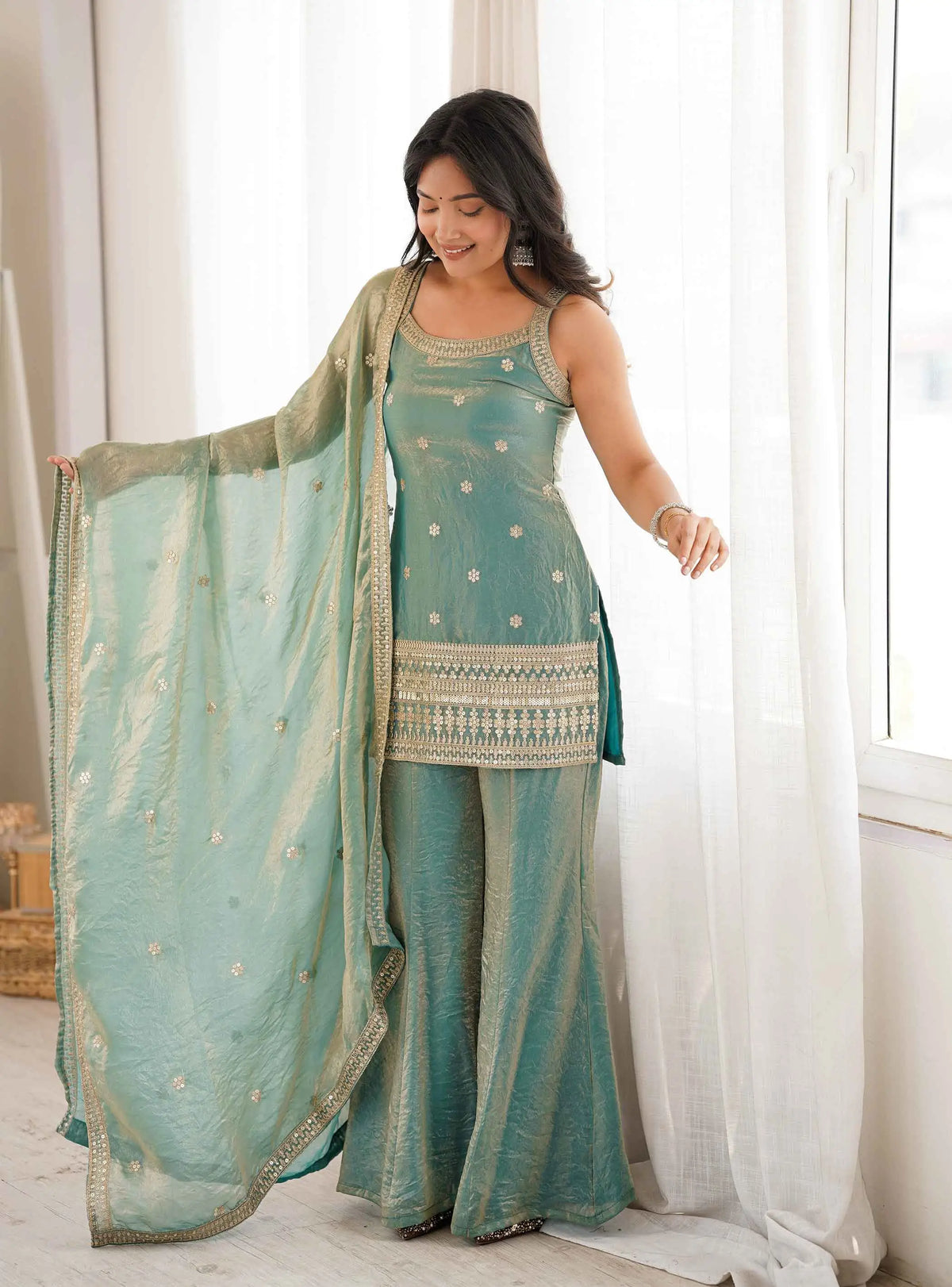 Sea Green Silk Embroidered Sharara Suit