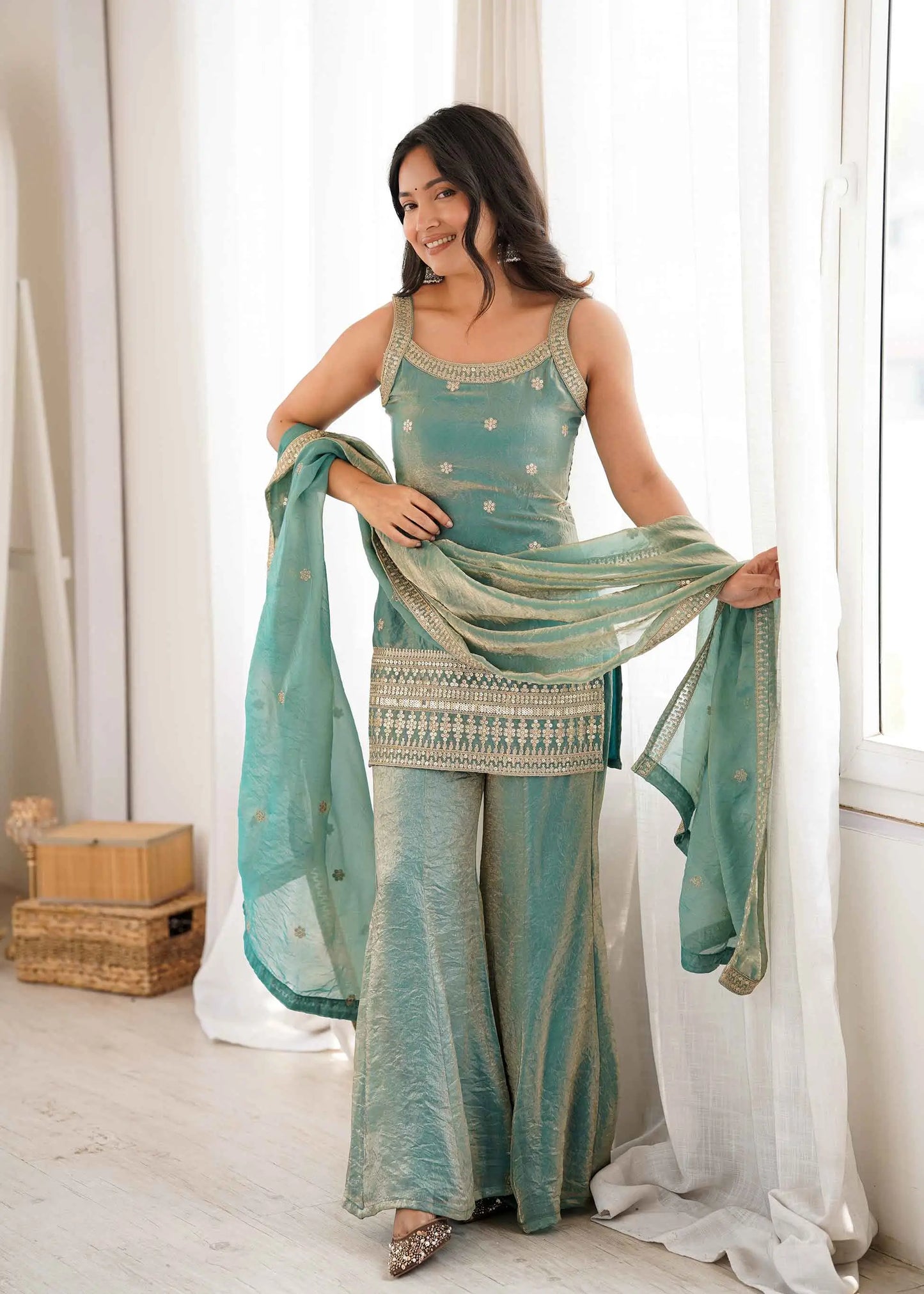 Sea Green Silk Embroidered Sharara Suit