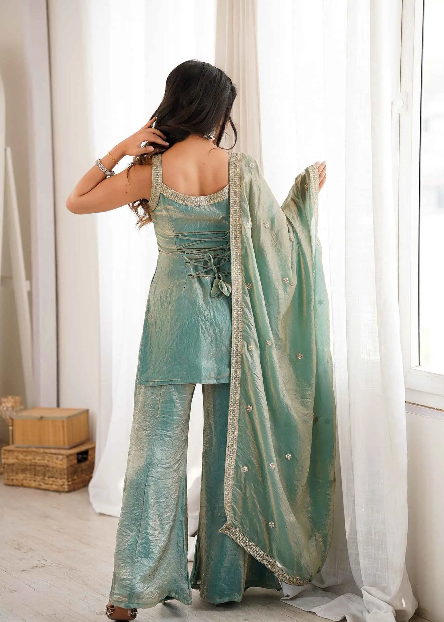 Sea Green Silk Embroidered Sharara Suit