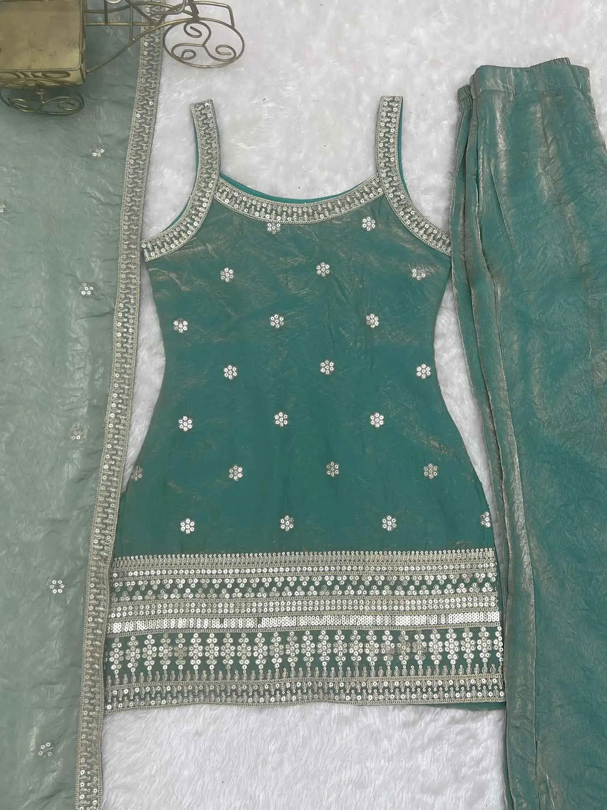 Sea Green Silk Embroidered Sharara Suit