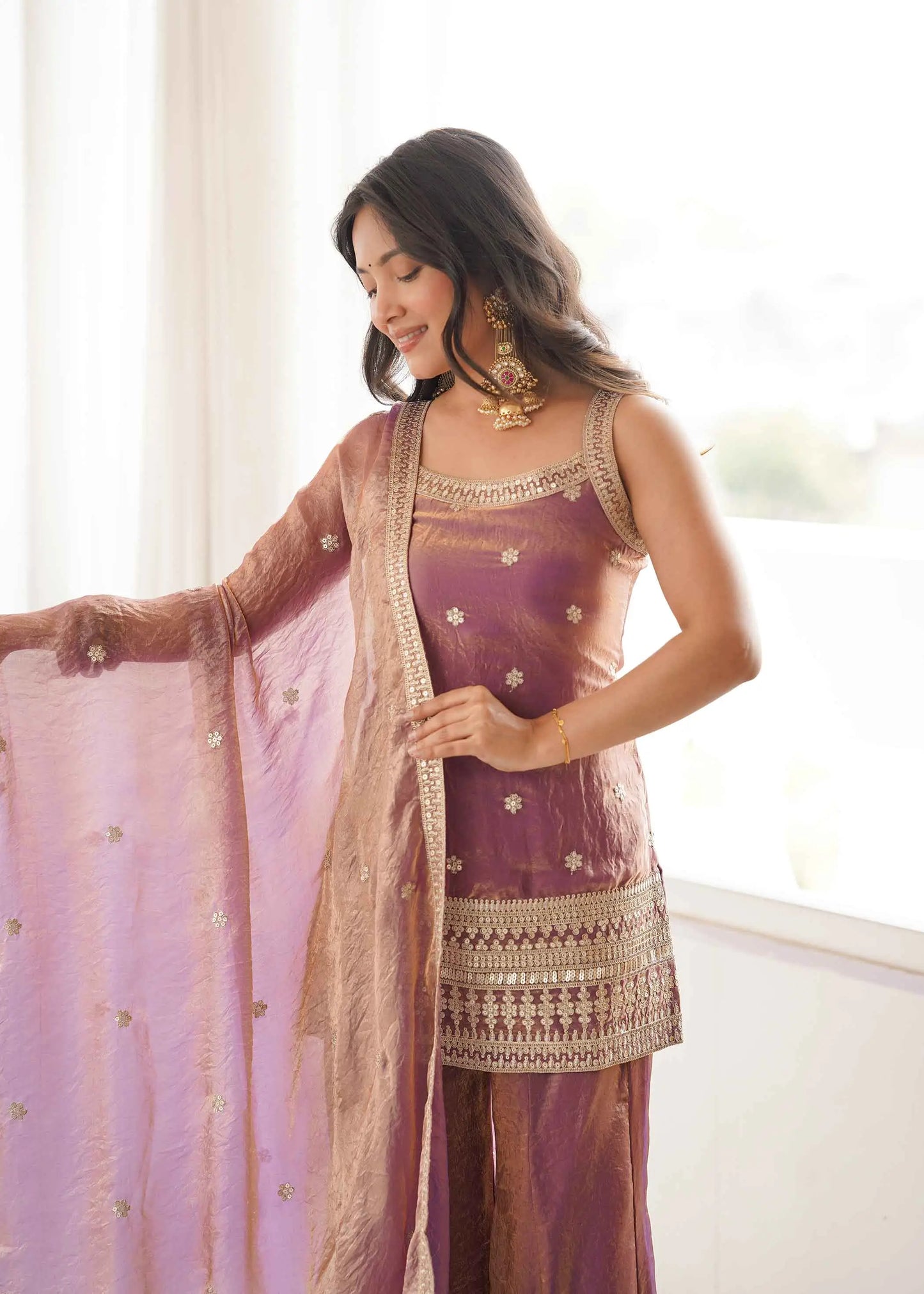Dusty Pink Silk Embroidered Sharara Suit