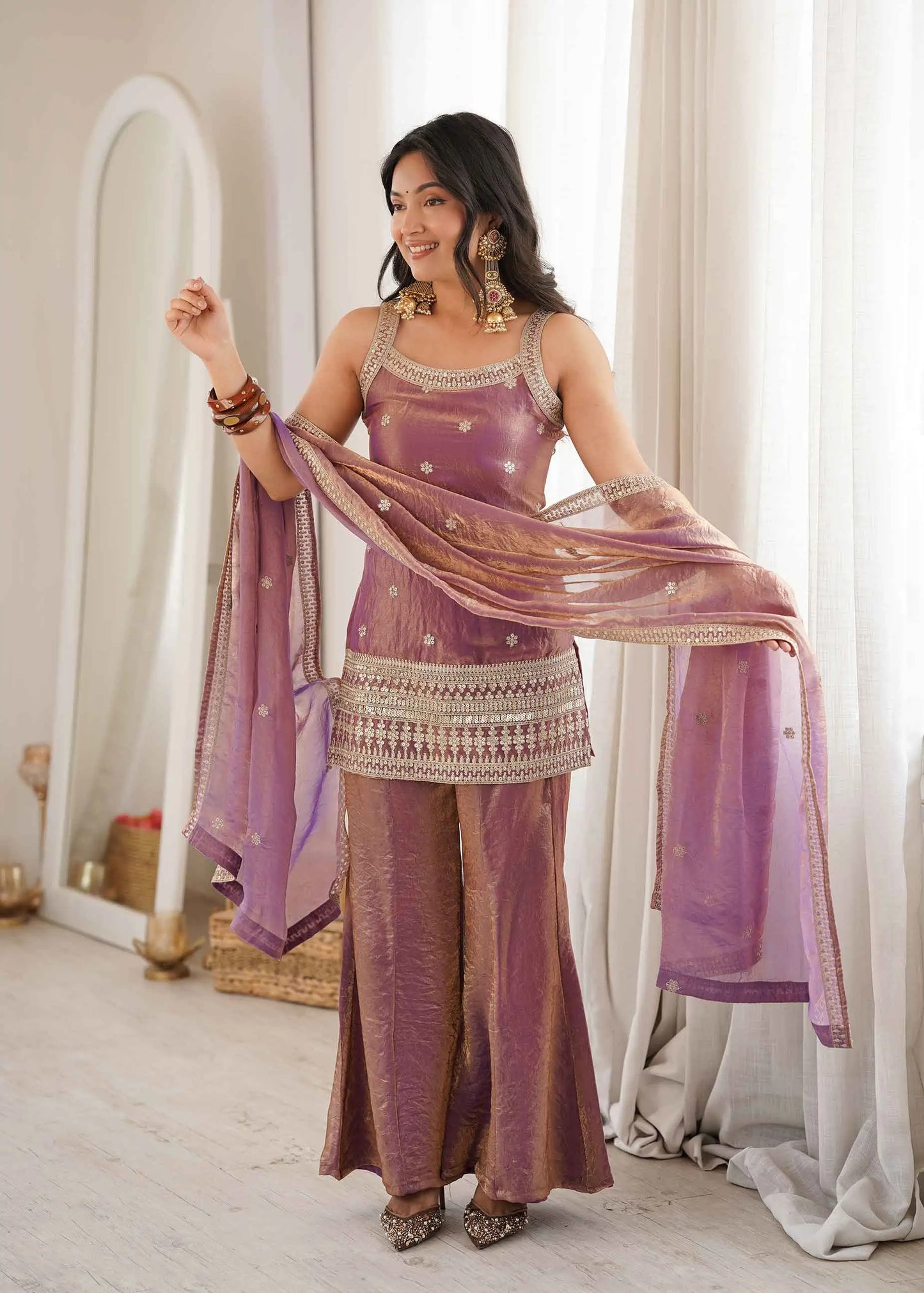 Dusty Pink Silk Embroidered Sharara Suit