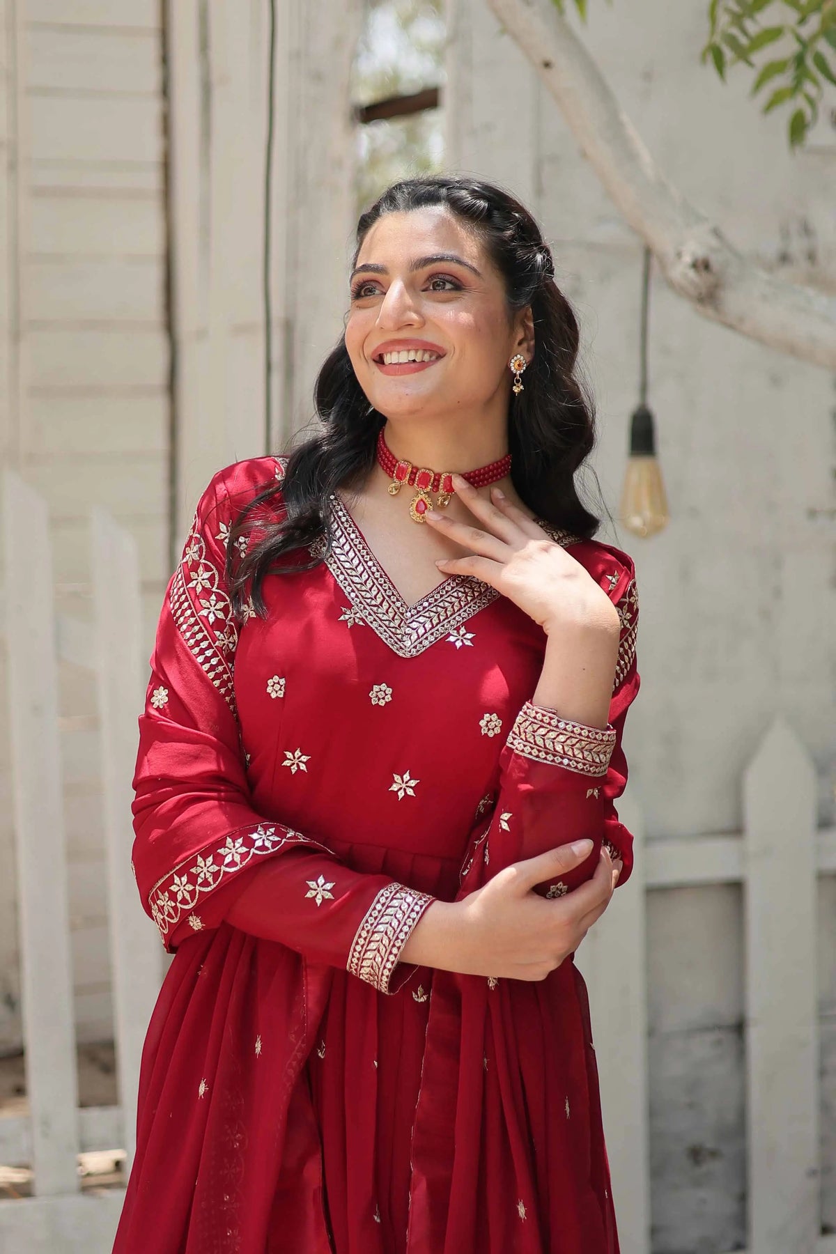 Merlot Red Gown Zari Sequins Embroidery Work And Dupatta