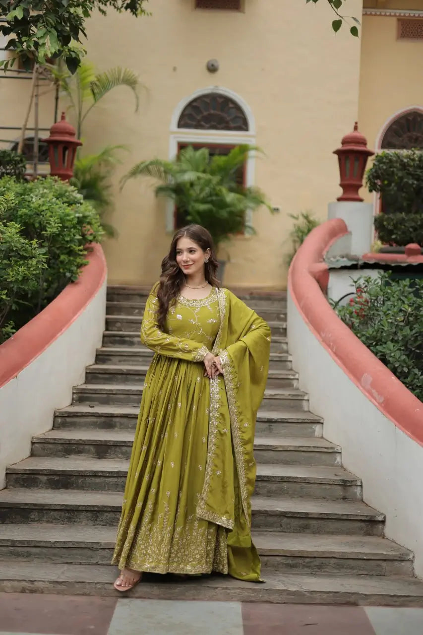 Parrot Chinon Rich Sequins Embroidery Work Side Cut Gown With Dupatta And Sharara