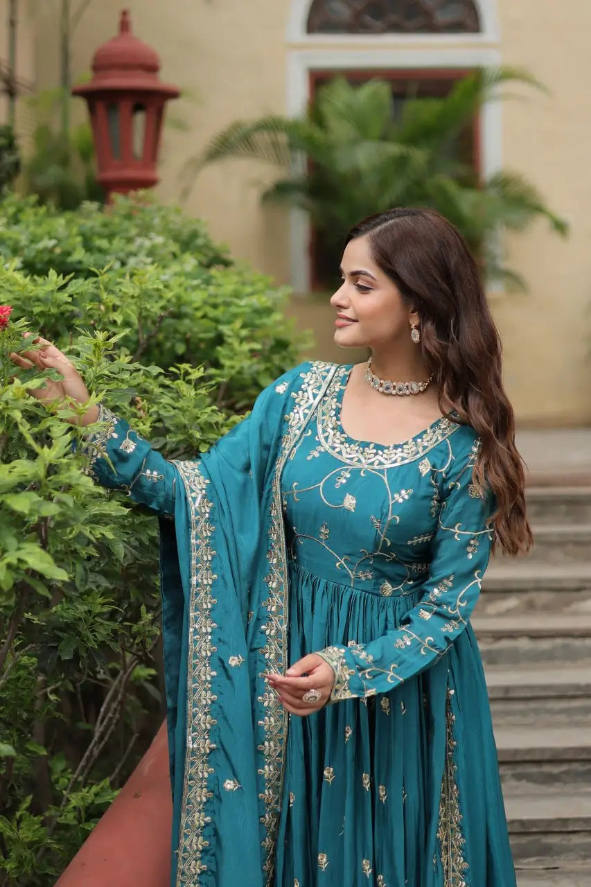 Rama Chinon Rich Sequins Embroidery Work Side Cut Gown With Dupatta And Sharara