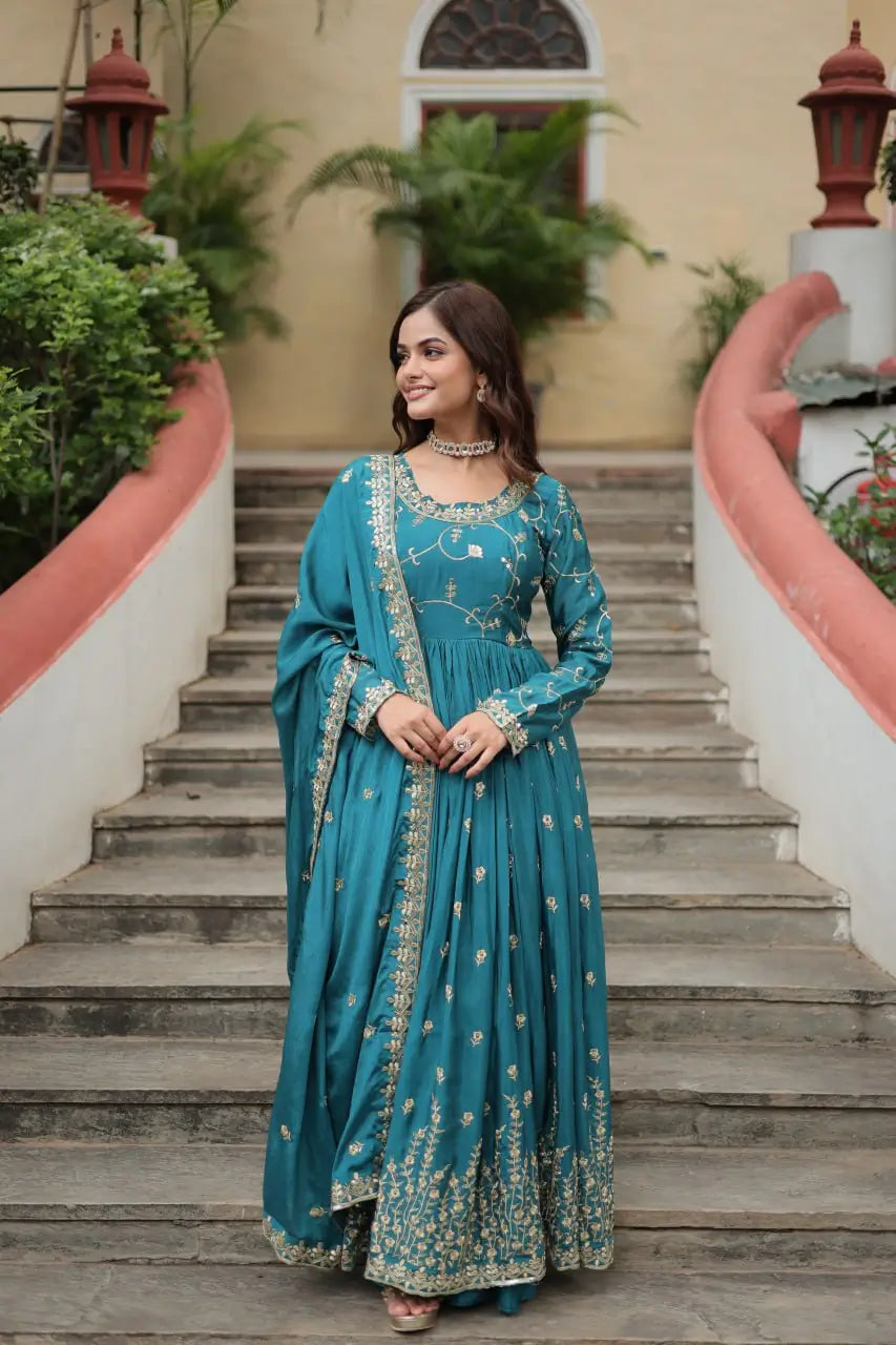 Rama Chinon Rich Sequins Embroidery Work Side Cut Gown With Dupatta And Sharara