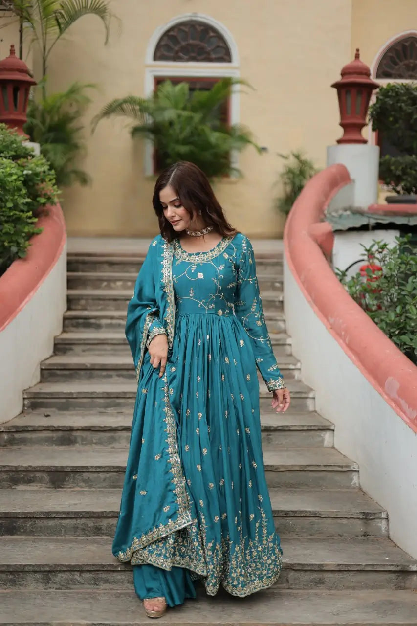 Rama Chinon Rich Sequins Embroidery Work Side Cut Gown With Dupatta And Sharara