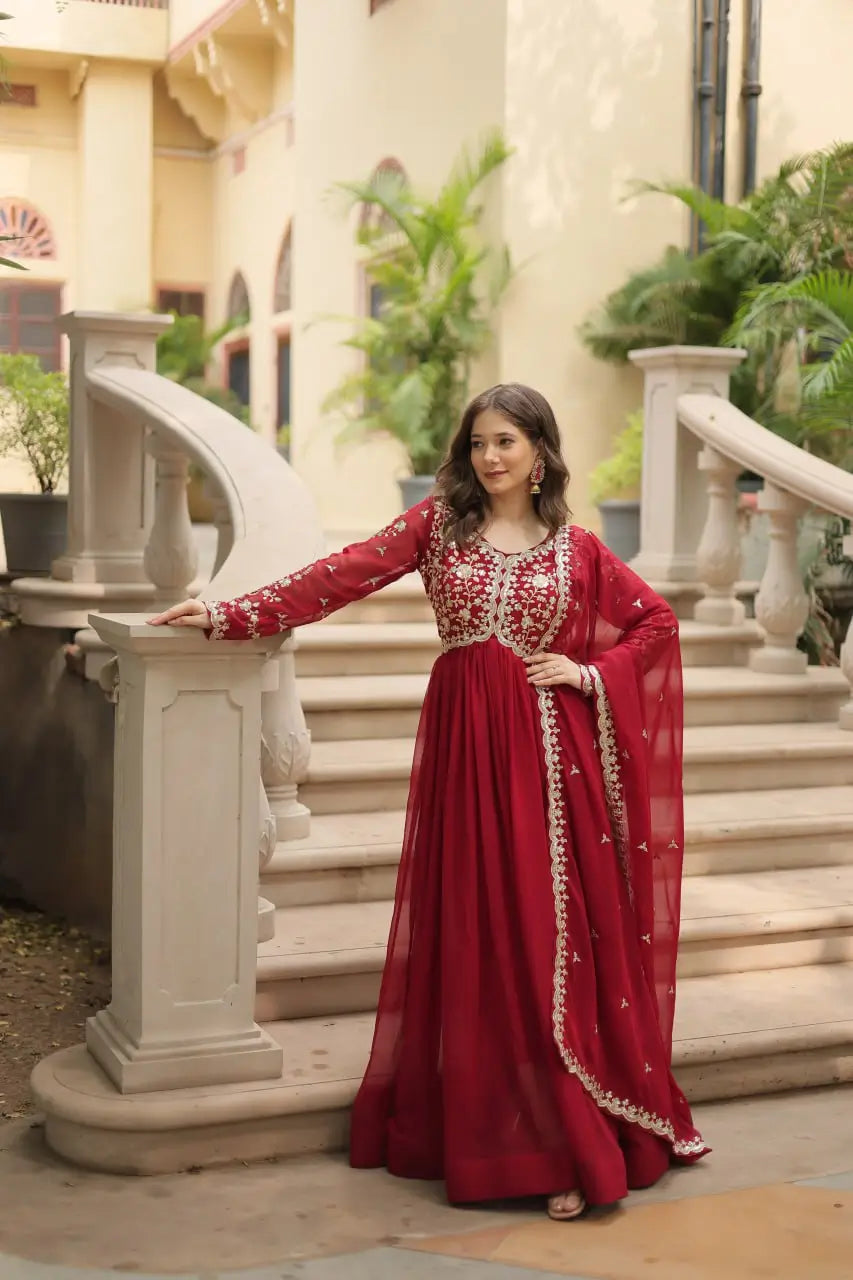 Maroon Georgette Multi Sequins Zari Embroidery Work Gown With Dupatta