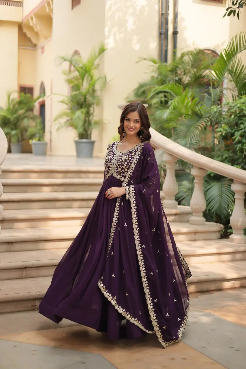 Cinder Wine Georgette Multi Sequins Zari Embroidery Work Gown With Dupatta