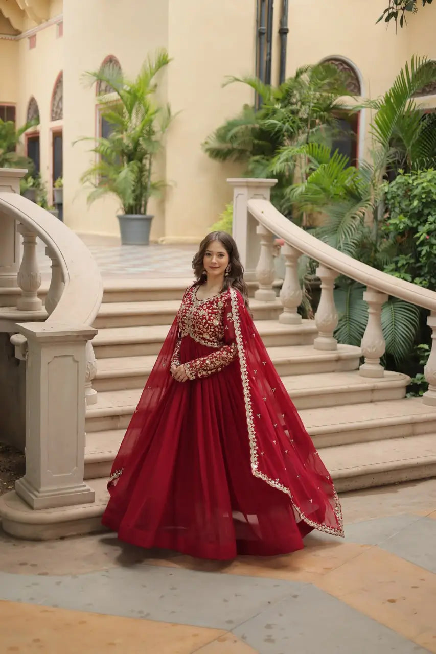 Maroon Georgette Multi Sequins Zari Embroidery Work Gown With Dupatta