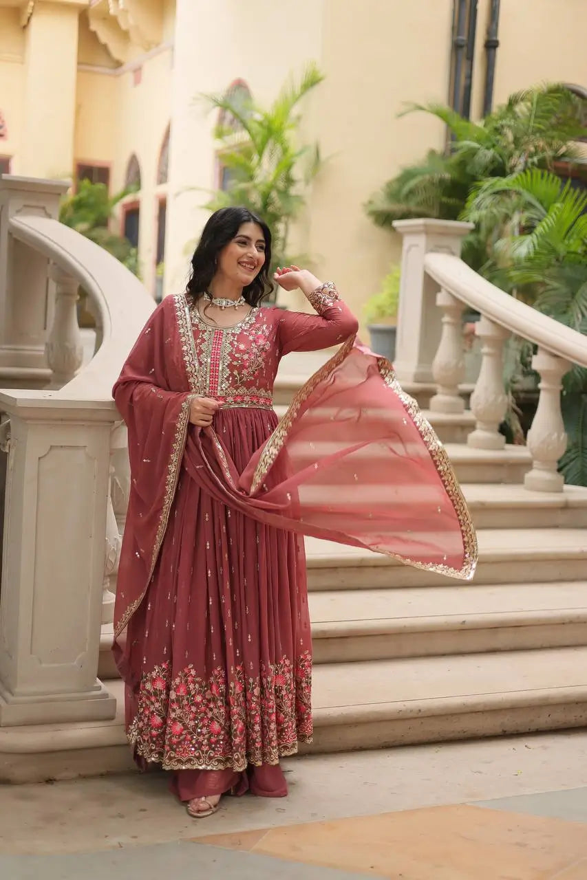Rose Vale Georgette Embroidery Work Side Cut Gown With Dupatta And Sharara