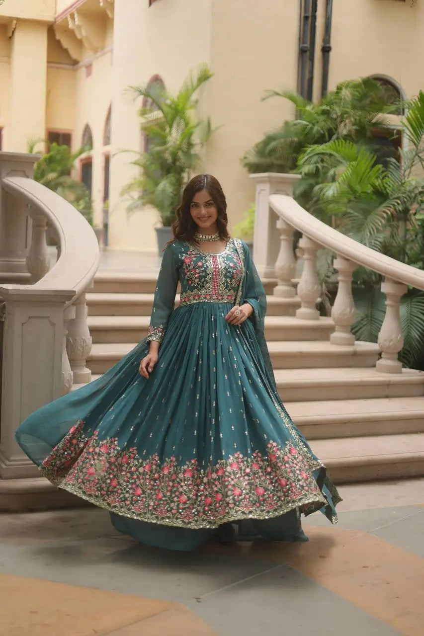 Gable Green Georgette Embroidery Work Side Cut Gown With Dupatta And Sharara