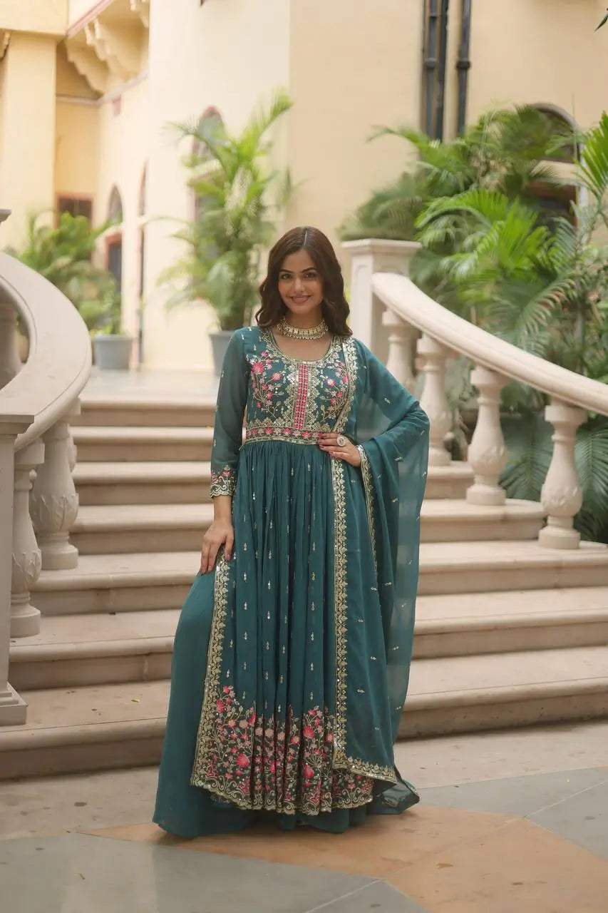 Gable Green Georgette Embroidery Work Side Cut Gown With Dupatta And Sharara