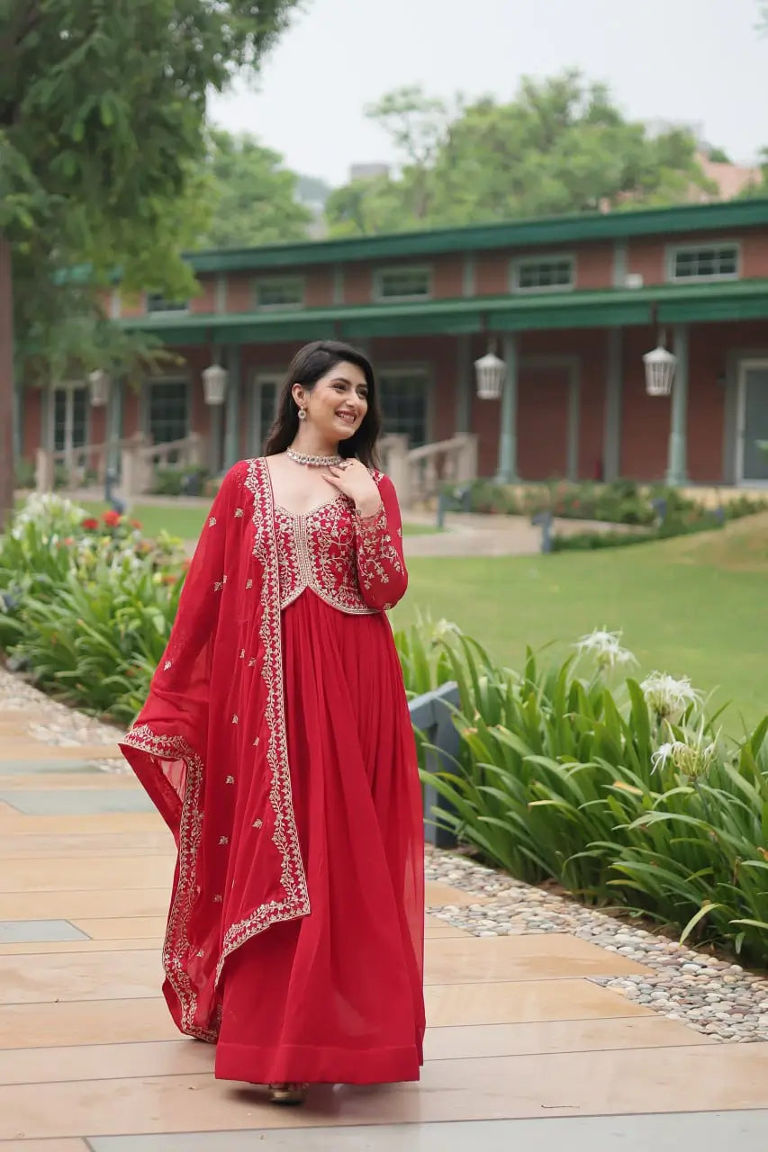 Shiraz Red Zari Multi Sequins Embroidery Work Georgette Gown With Dupatta