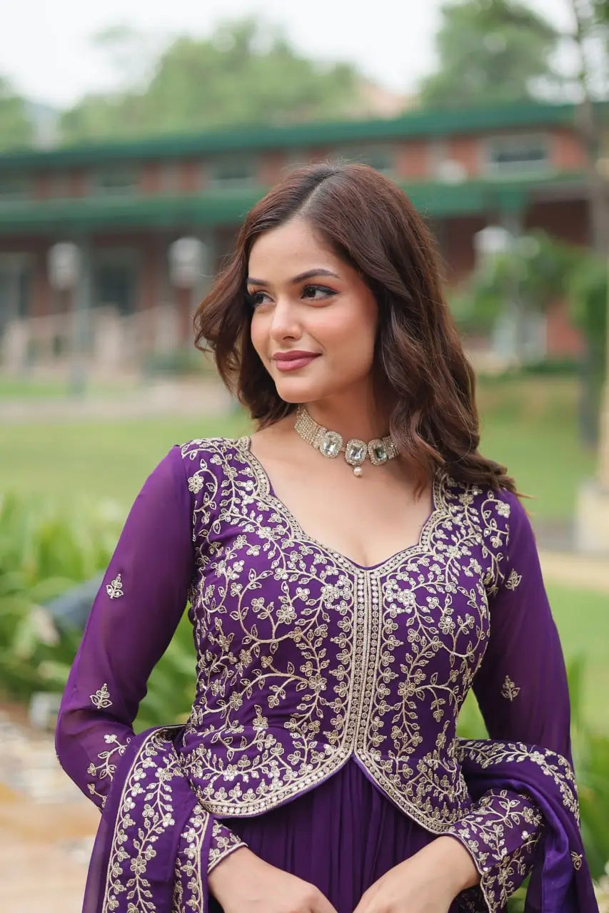 Dark Purple Zari Multi Sequins Embroidery Work Georgette Gown With Dupatta