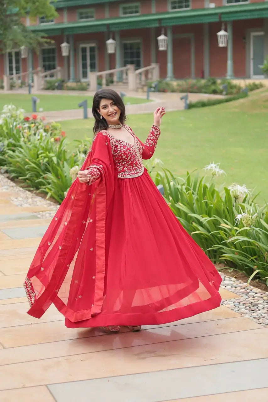 Shiraz Red Zari Multi Sequins Embroidery Work Georgette Gown With Dupatta